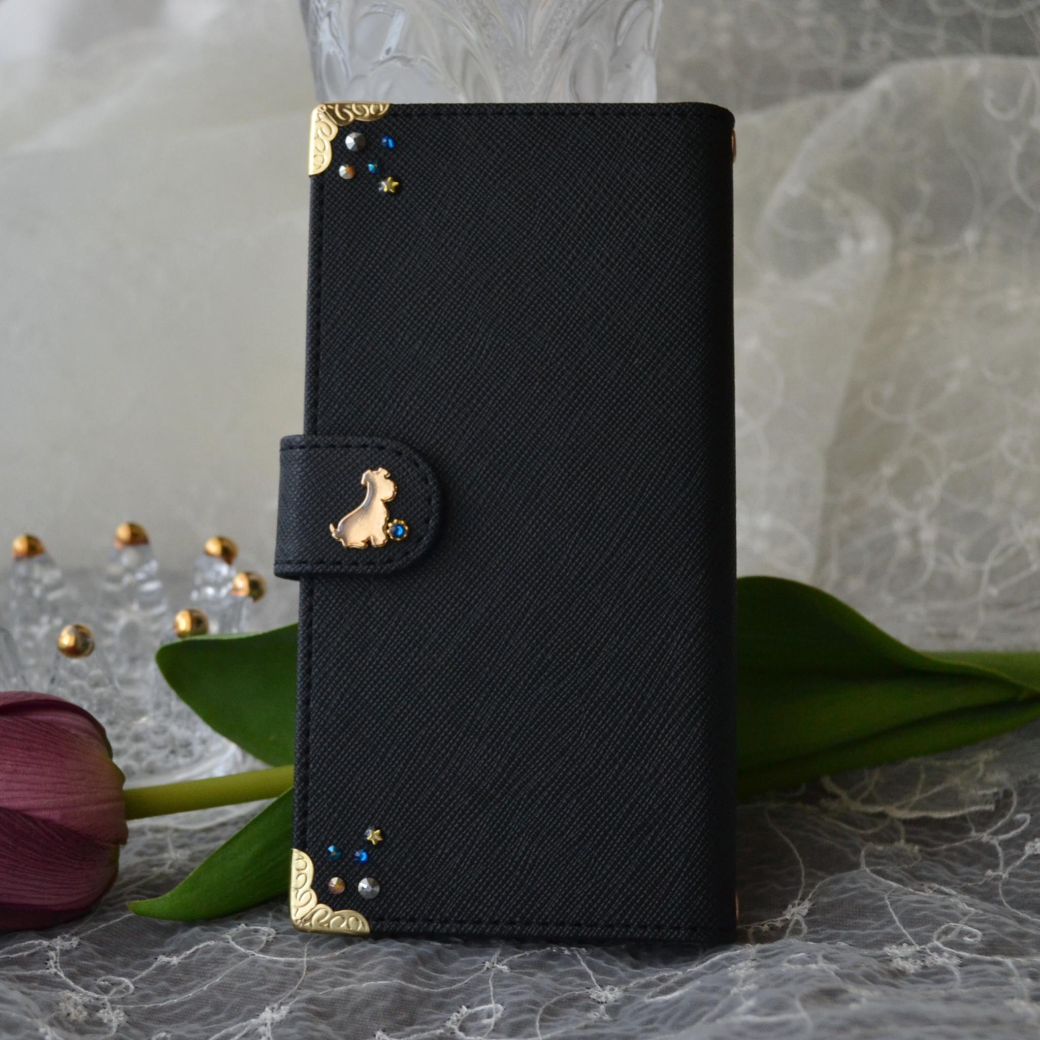 左利き用！手帳型スマホケース『Golden Dog with Metallic Crystal』犬と宝石 全機種対応