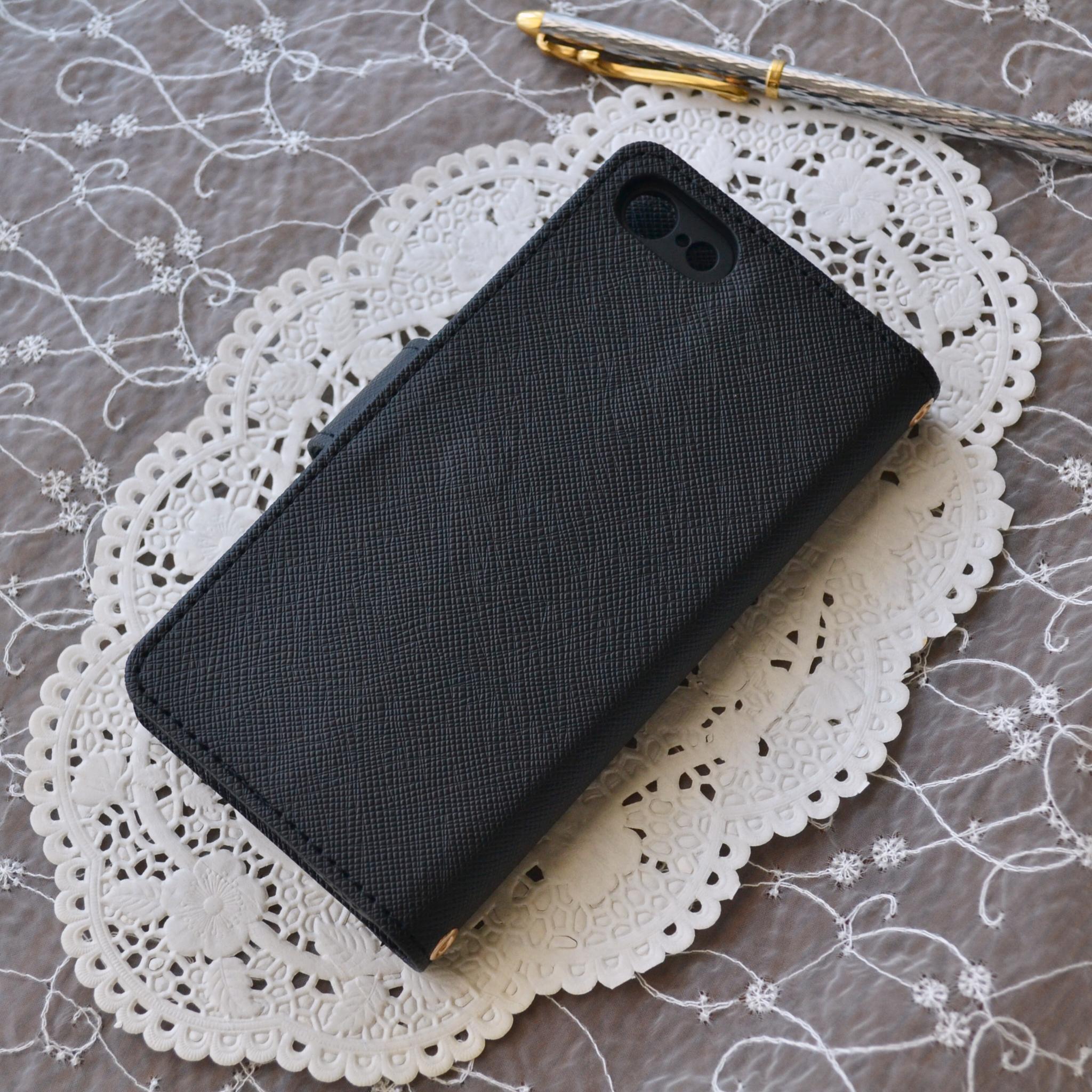 手帳型スマホケース『夜空のきらめき』ピンクとオーロラのクリスタル 漆黒のカバー　ほぼ全機種対応 傷が目立ちにくい型押模様 | 9枚目