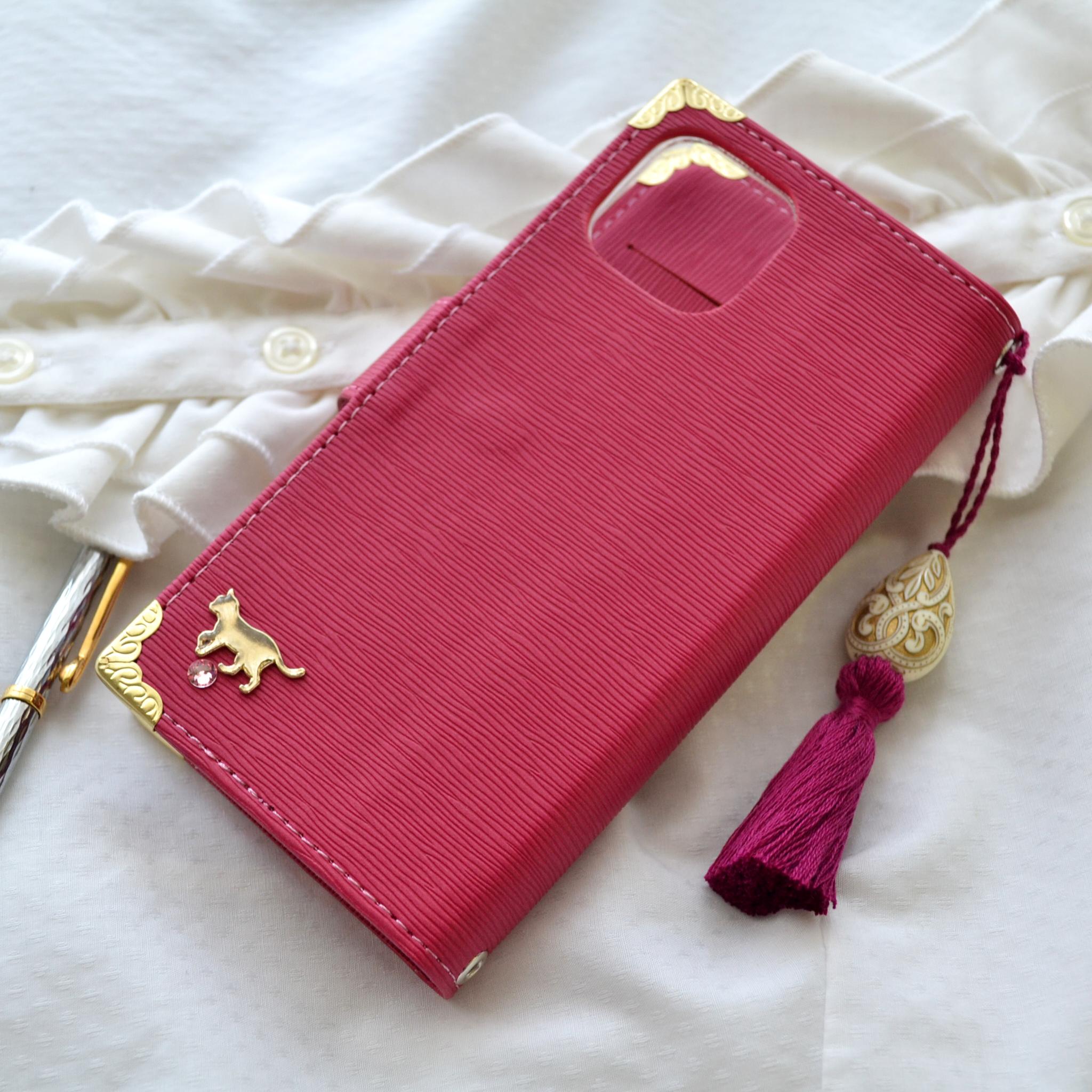 手帳型スマホケース『猫と月のロマンティック』ディープピンク 全機種対応 ワンランク上の傷が目立ちにくい生地使 | 6枚目