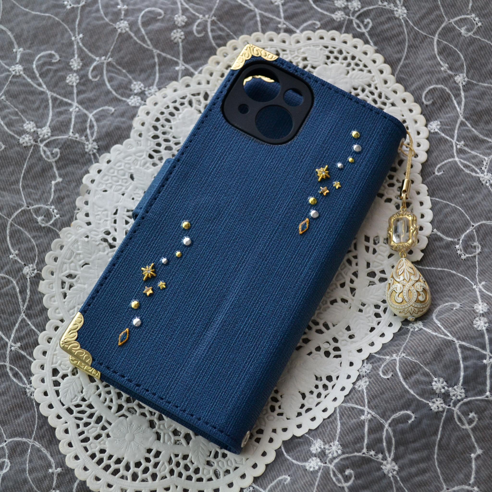 手帳型スマホケース『ブルームーンと青い流星』キラッと光る！全機種対応◎ワンランク上のネイビー生地使用。右利きor左利き | 5枚目