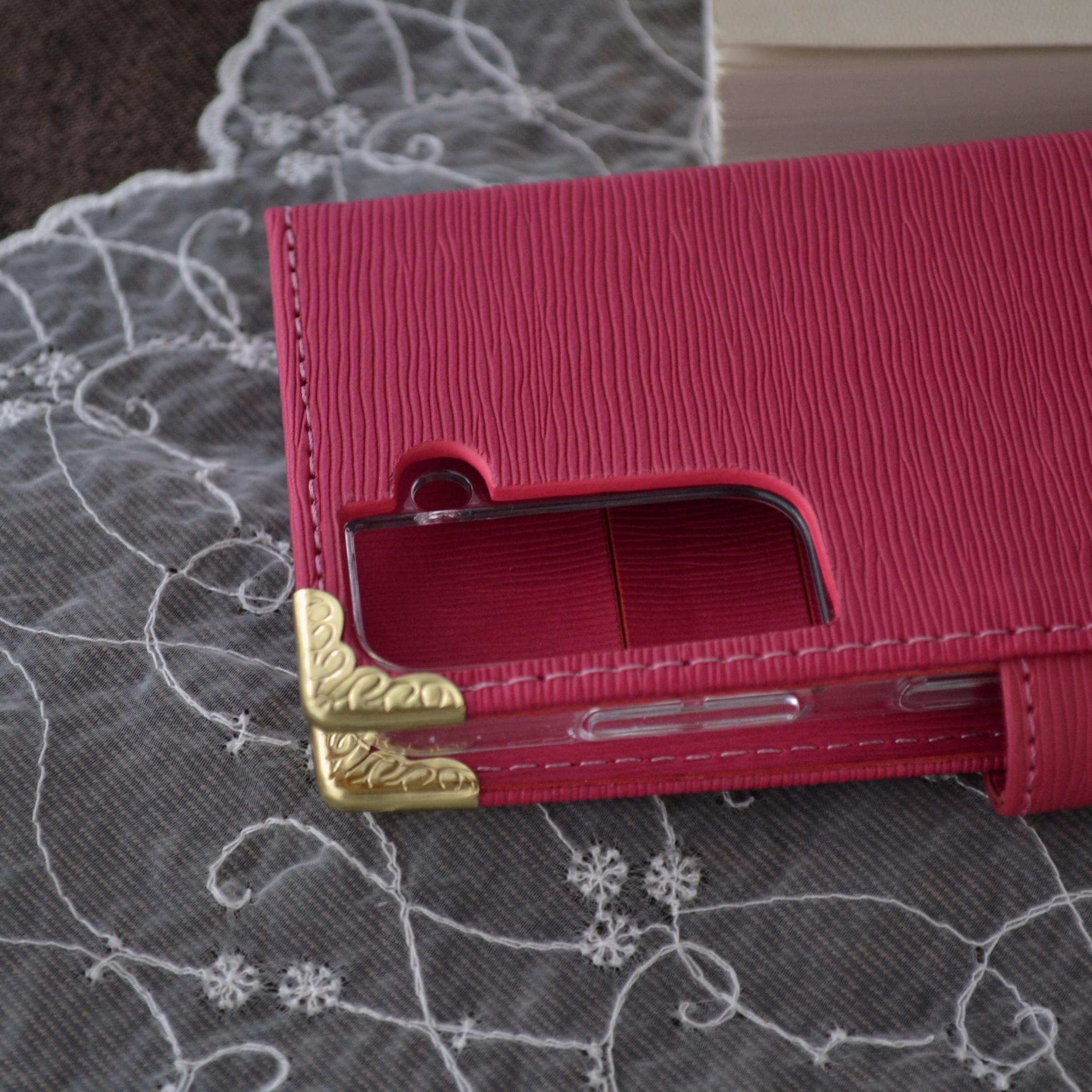 手帳型スマホケース『ピンクムーンとオーロラの流星』全機種対応◎ワンランク上の深みピンク、傷が目立ちにくい型押生地 | 6枚目