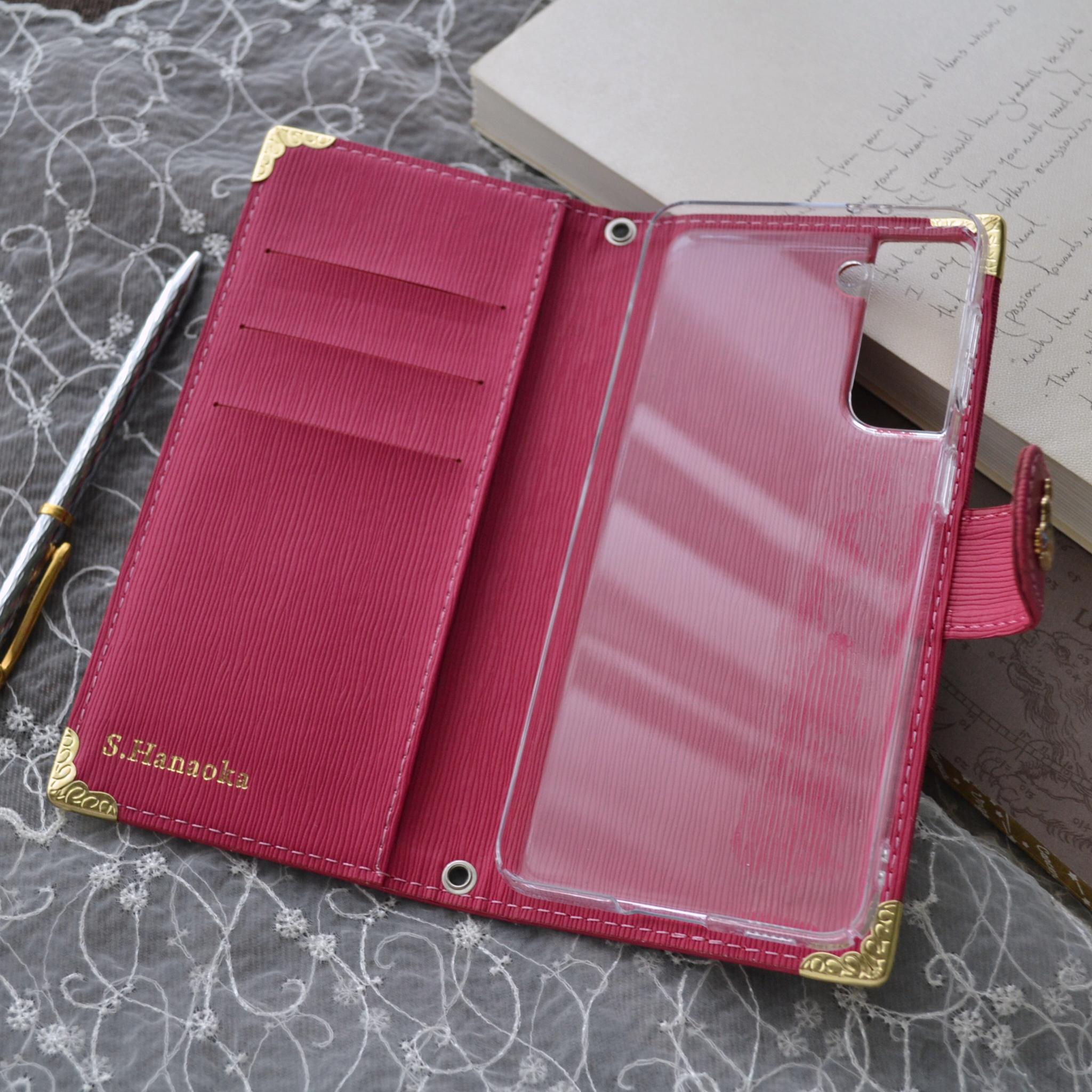 手帳型スマホケース『ピンクムーンとオーロラの流星』全機種対応◎ワンランク上の深みピンク、傷が目立ちにくい型押生地 | 7枚目
