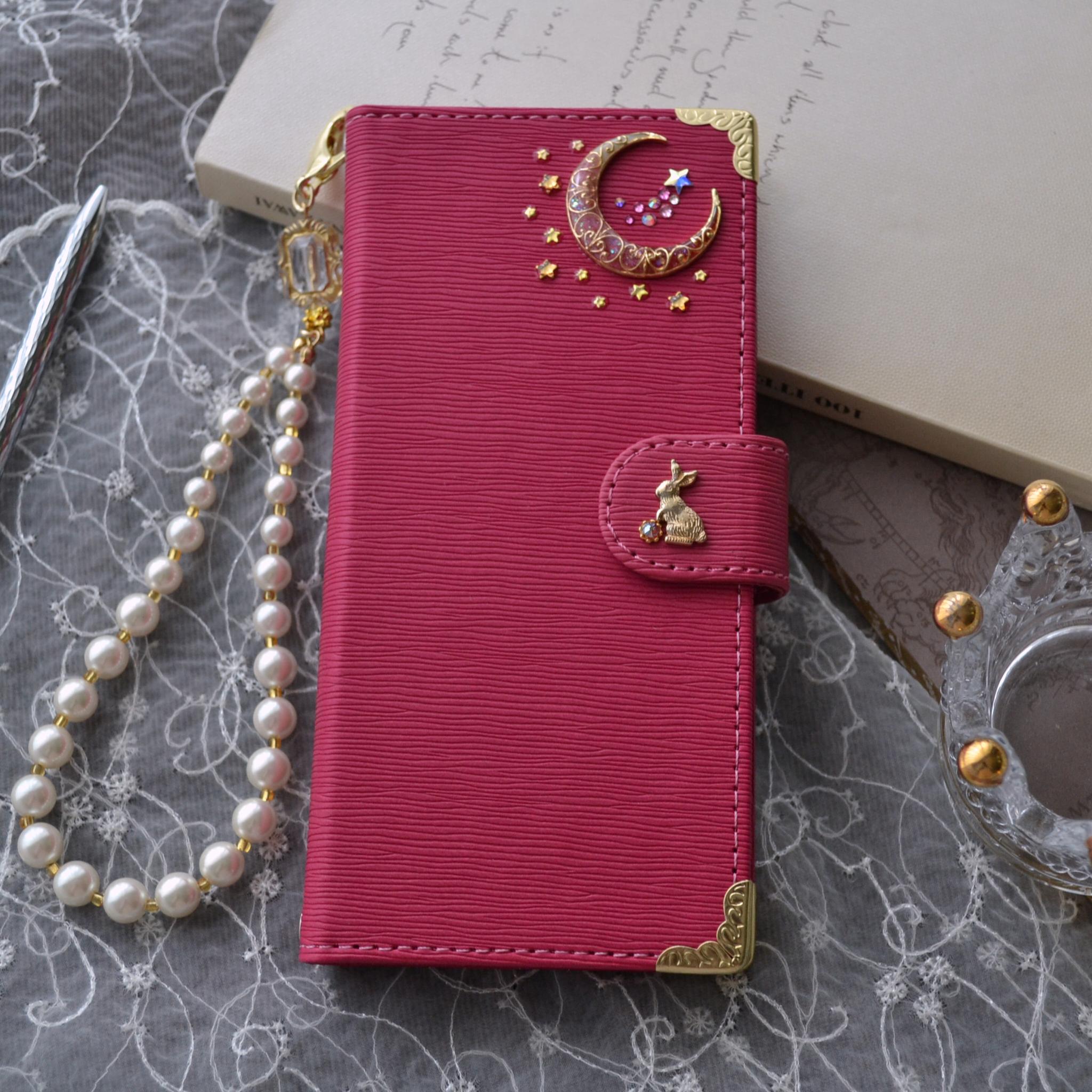 手帳型スマホケース『ピンクムーンとオーロラの流星』全機種対応◎ワンランク上の深みピンク、傷が目立ちにくい型押生地 | 8枚目