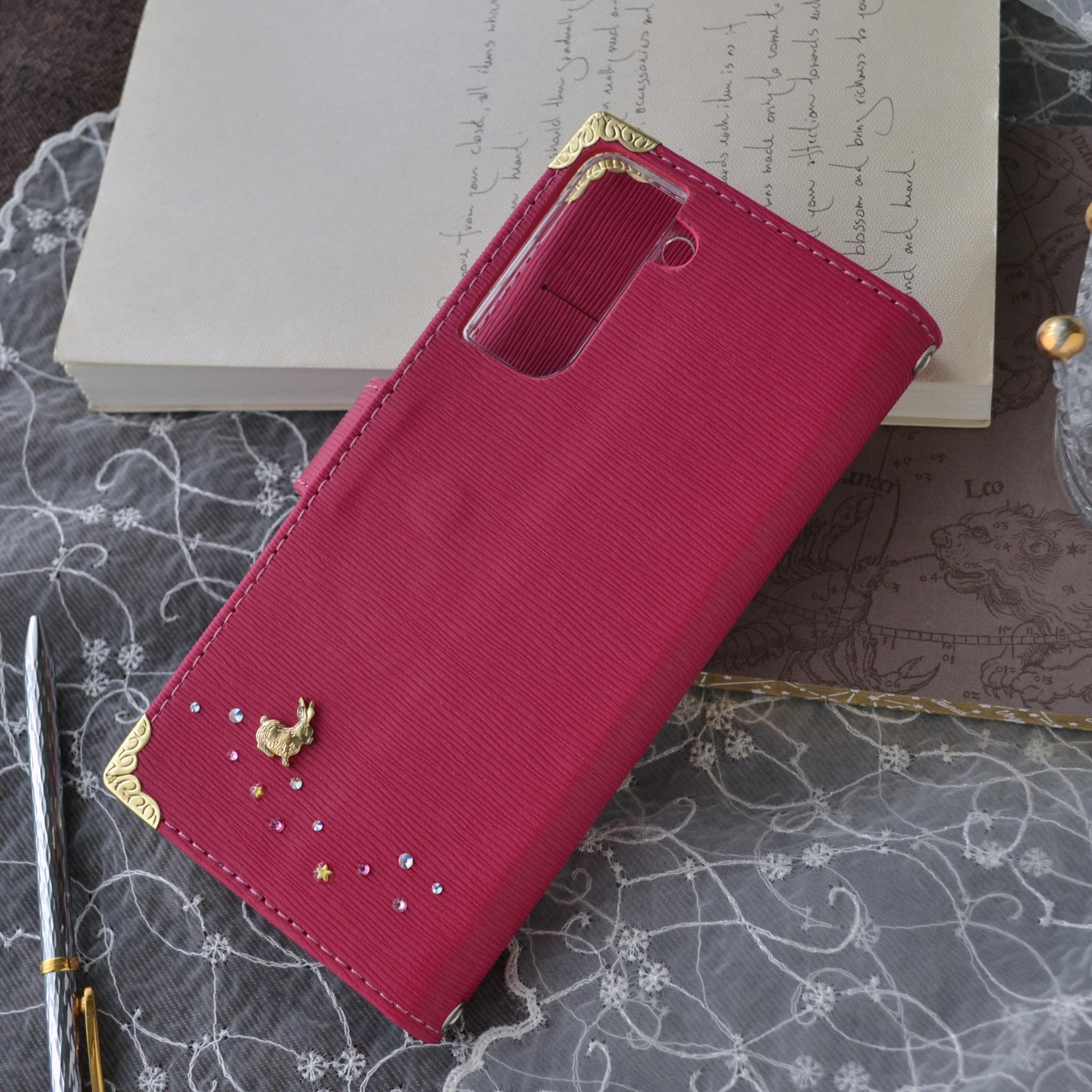 手帳型スマホケース『ピンクムーンとオーロラの流星』全機種対応◎ワンランク上の深みピンク、傷が目立ちにくい型押生地 | 5枚目