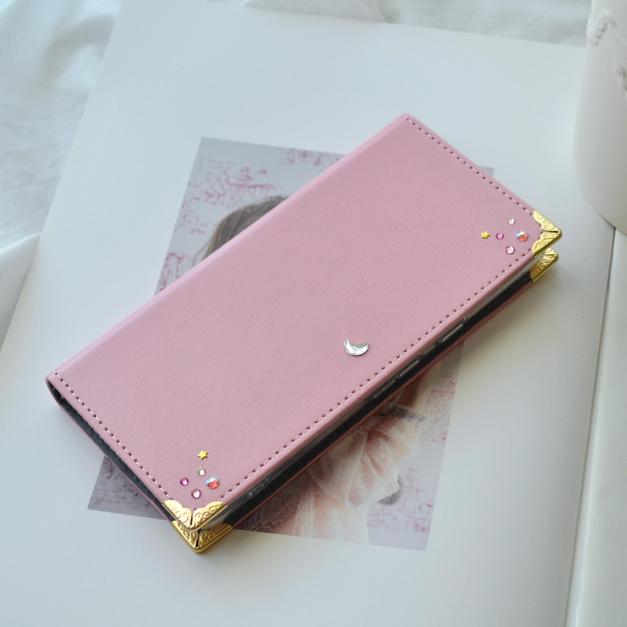 ベルトなし手帳型スマホケース『月と星屑のスマホ手帳』-三日月のクリスタル-　ピンク 全機種対応◎ | 10枚目