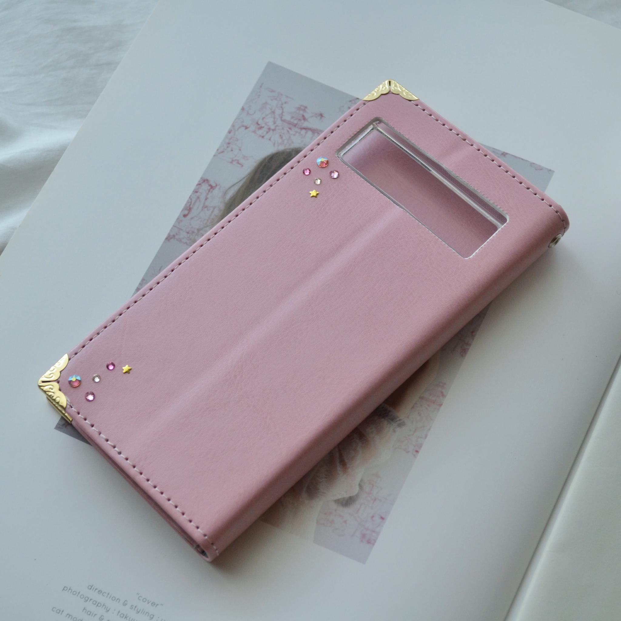 ベルトなし手帳型スマホケース『月と星屑のスマホ手帳』-三日月のクリスタル-　ピンク 全機種対応◎ | 3枚目