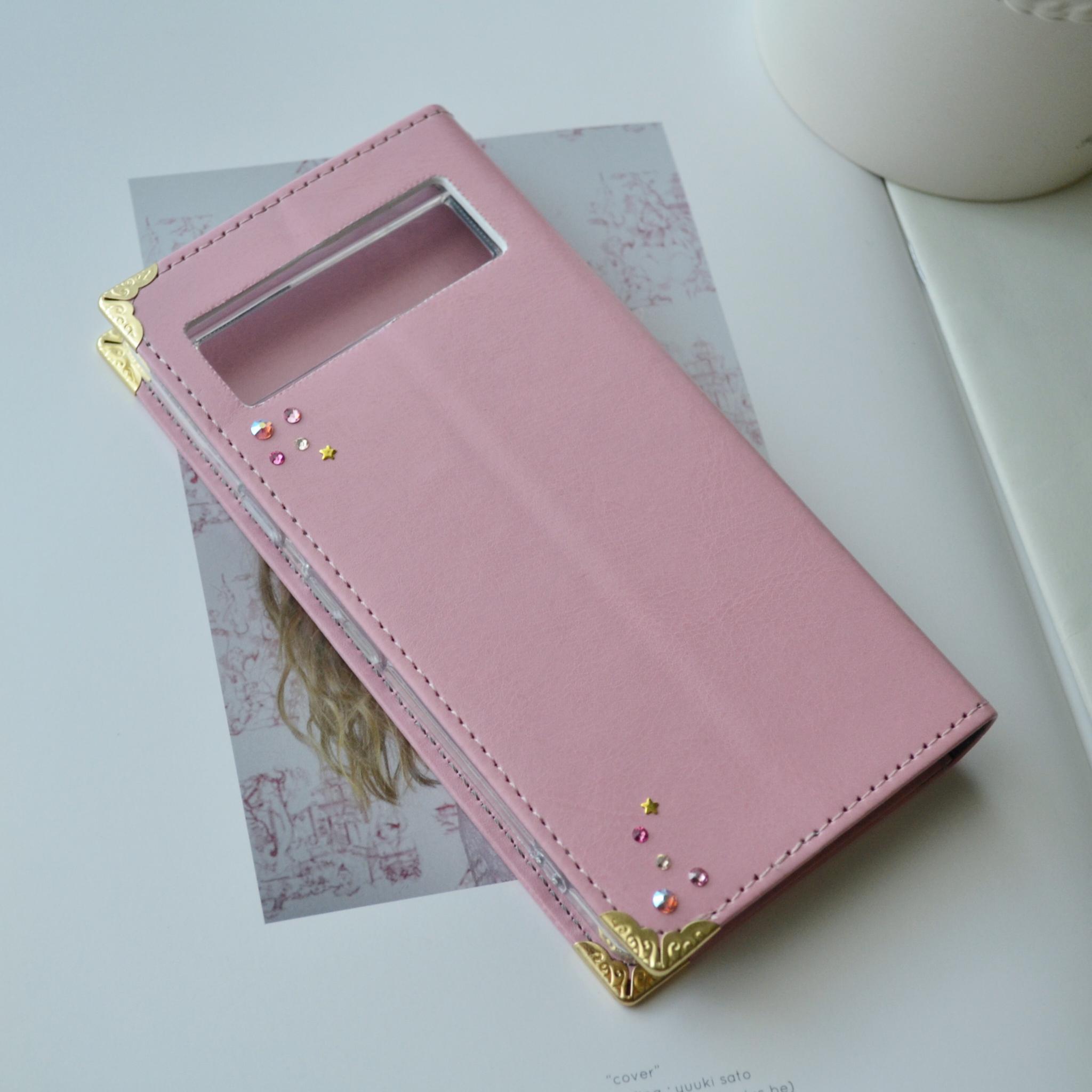 ベルトなし手帳型スマホケース『月と星屑のスマホ手帳』-三日月のクリスタル-　ピンク 全機種対応◎ | 4枚目