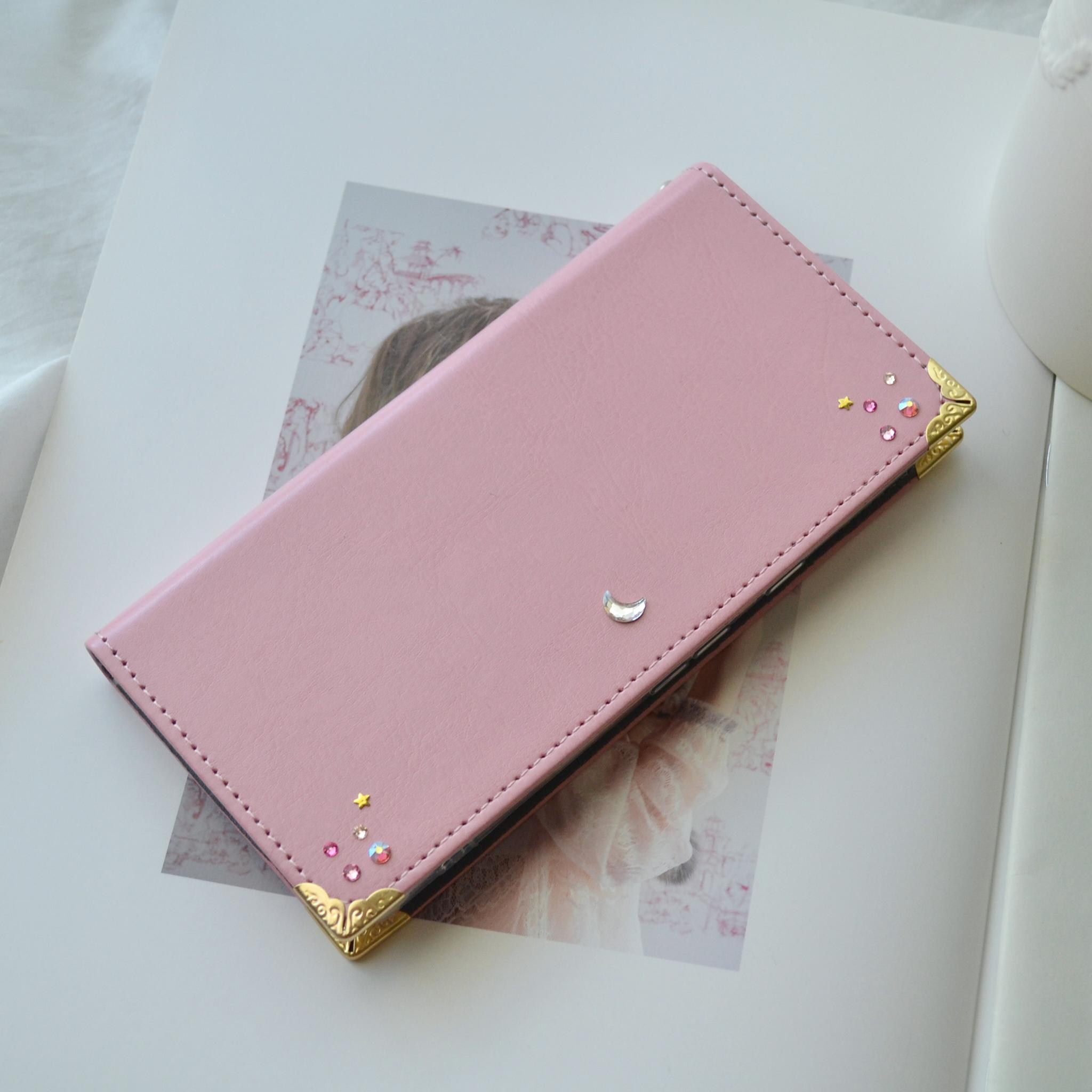 ベルトなし手帳型スマホケース『月と星屑のスマホ手帳』-三日月のクリスタル-　ピンク 全機種対応◎ | 5枚目