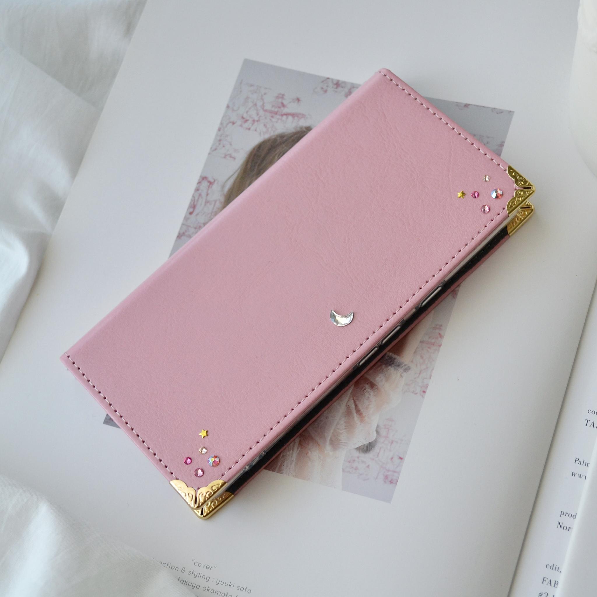 ベルトなし手帳型スマホケース『月と星屑のスマホ手帳』-三日月のクリスタル-　ピンク 全機種対応◎ | 6枚目
