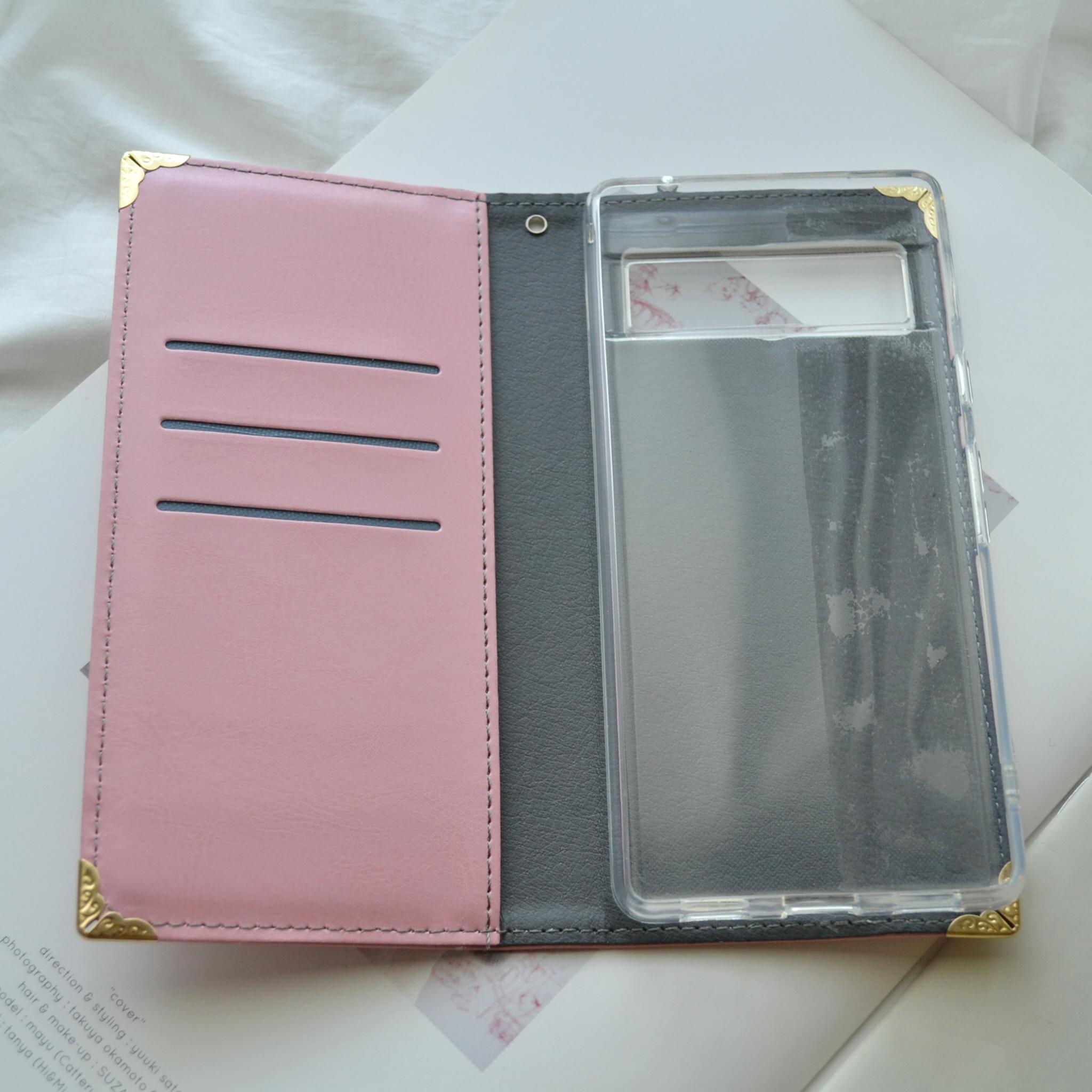 ベルトなし手帳型スマホケース『月と星屑のスマホ手帳』-三日月のクリスタル-　ピンク 全機種対応◎ | 7枚目