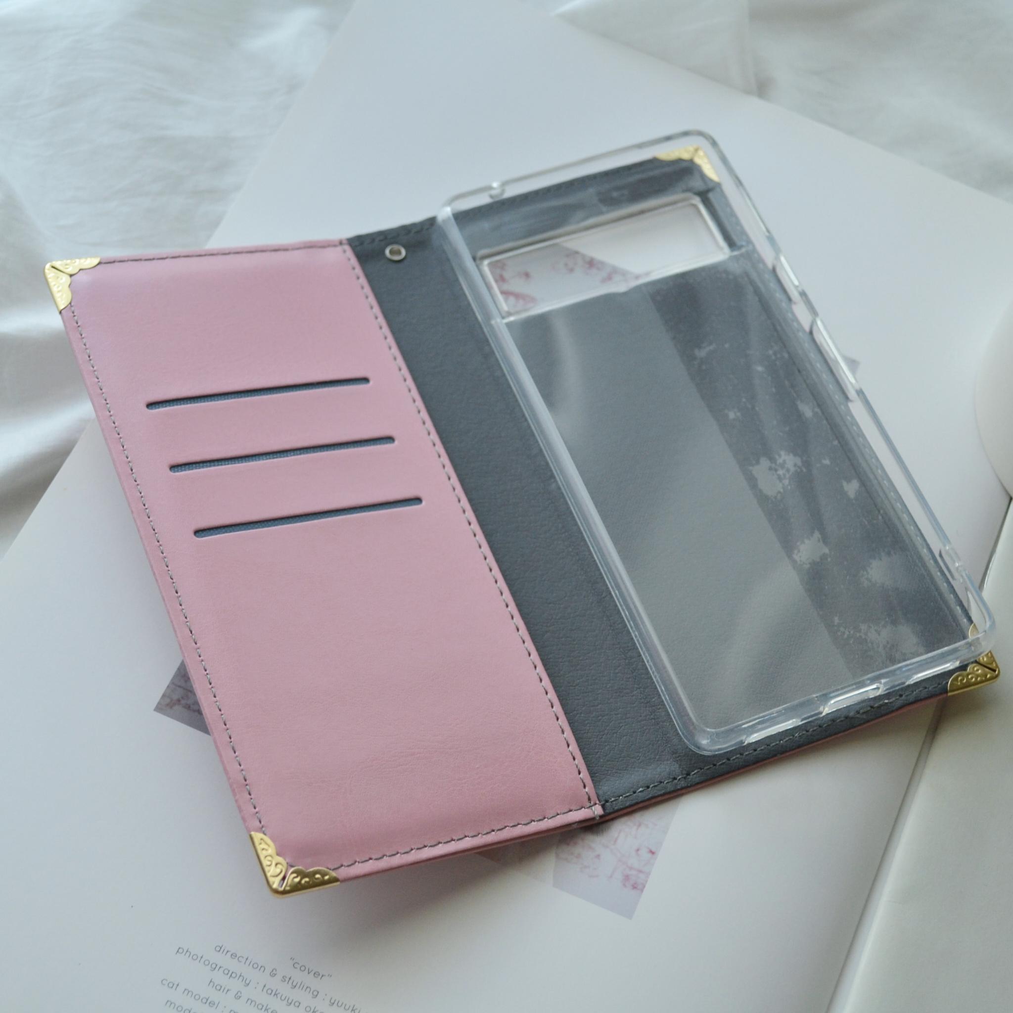 ベルトなし手帳型スマホケース『月と星屑のスマホ手帳』-三日月のクリスタル-　ピンク 全機種対応◎ | 8枚目