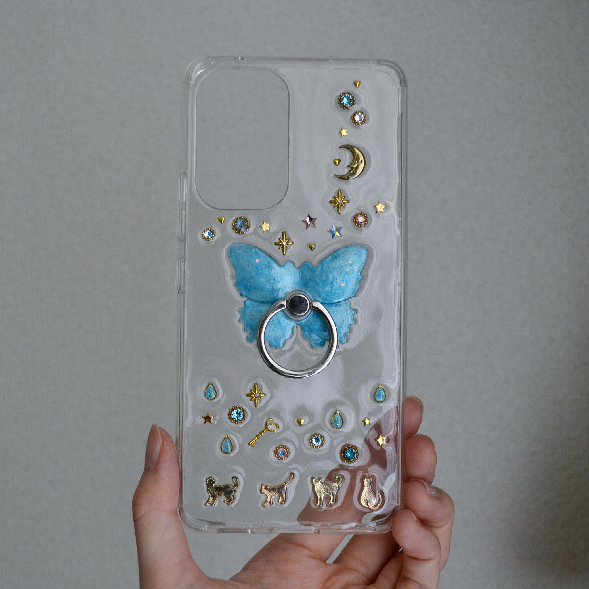 『青い蝶と幸せな猫たち』Morpho and Cats 使いやすい！きらきらスマホリング付きでスタンド機能◎全機種対応 | 5枚目