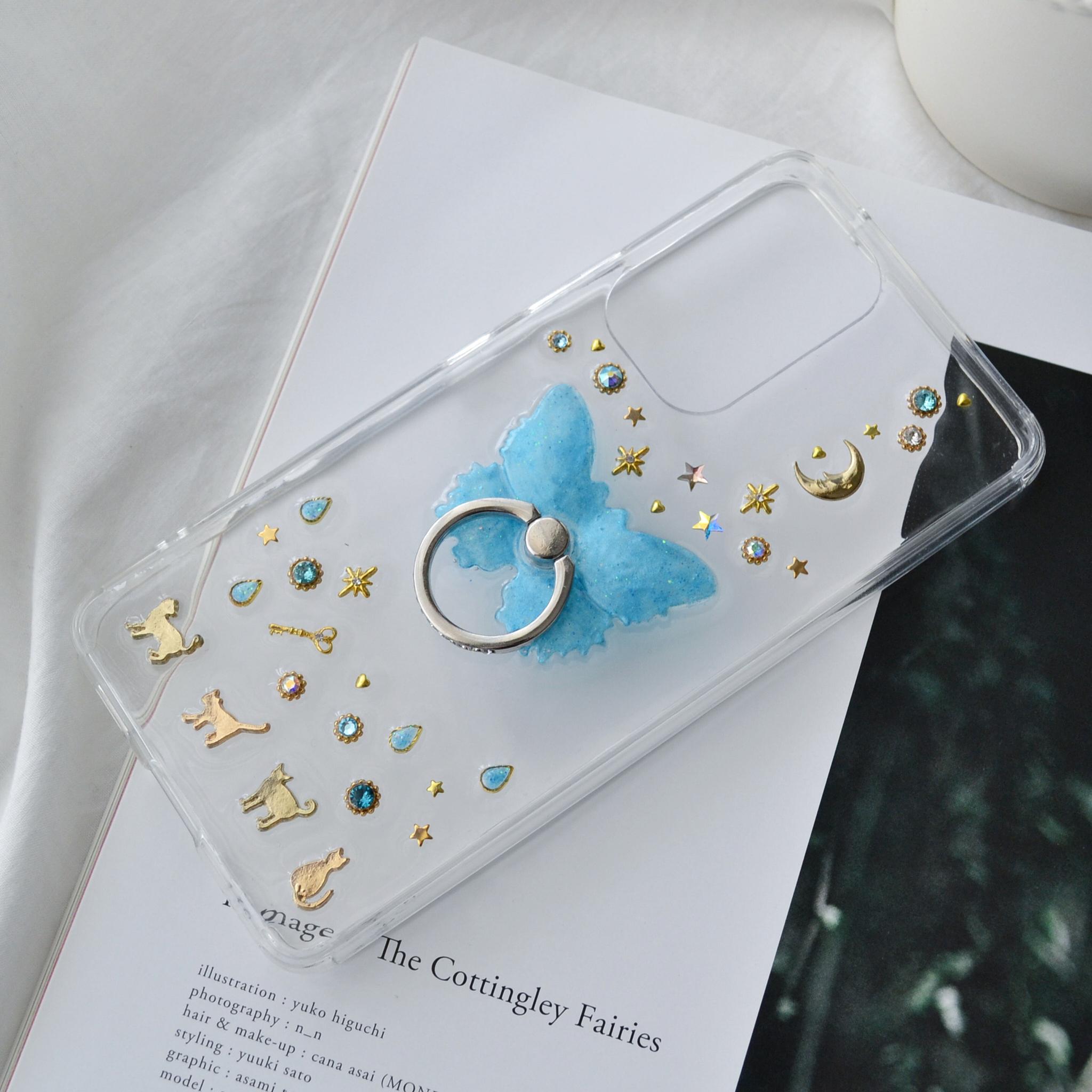『青い蝶と幸せな猫たち』Morpho and Cats 使いやすい！きらきらスマホリング付きでスタンド機能◎全機種対応 | 6枚目
