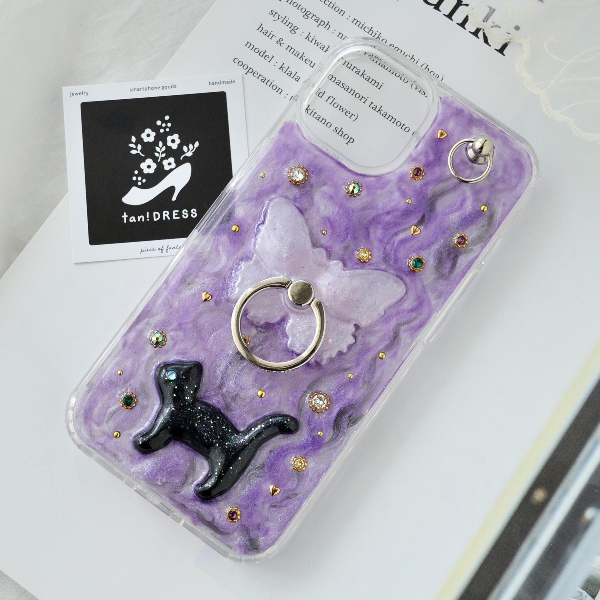 ジュエリーなスマホケース『蝶と猫』ヴァイオレット きらきらスマホリング・スタンド機能付 ソフト×ハード素材◎機種製作可能