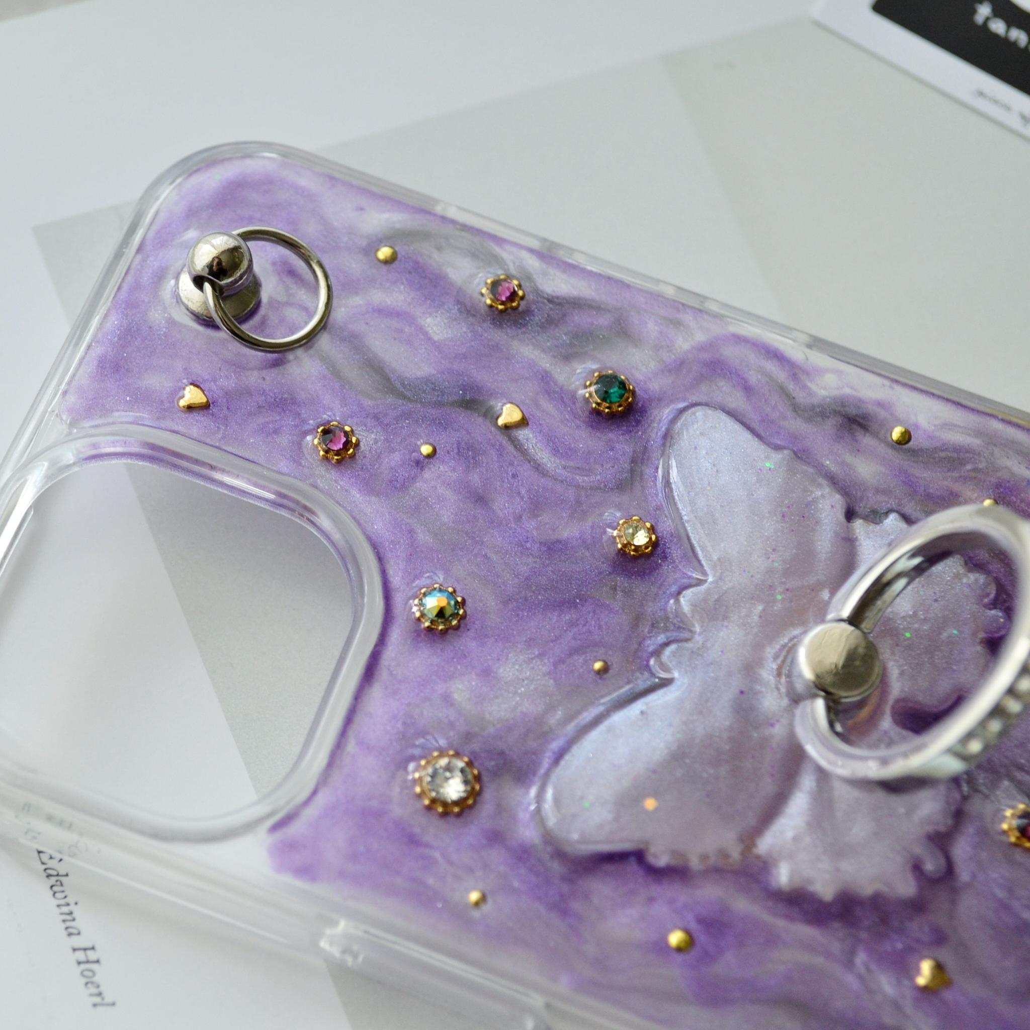 ジュエリーなスマホケース『蝶と猫』ヴァイオレット きらきらスマホリング・スタンド機能付 ソフト×ハード素材◎機種製作可能 | 10枚目