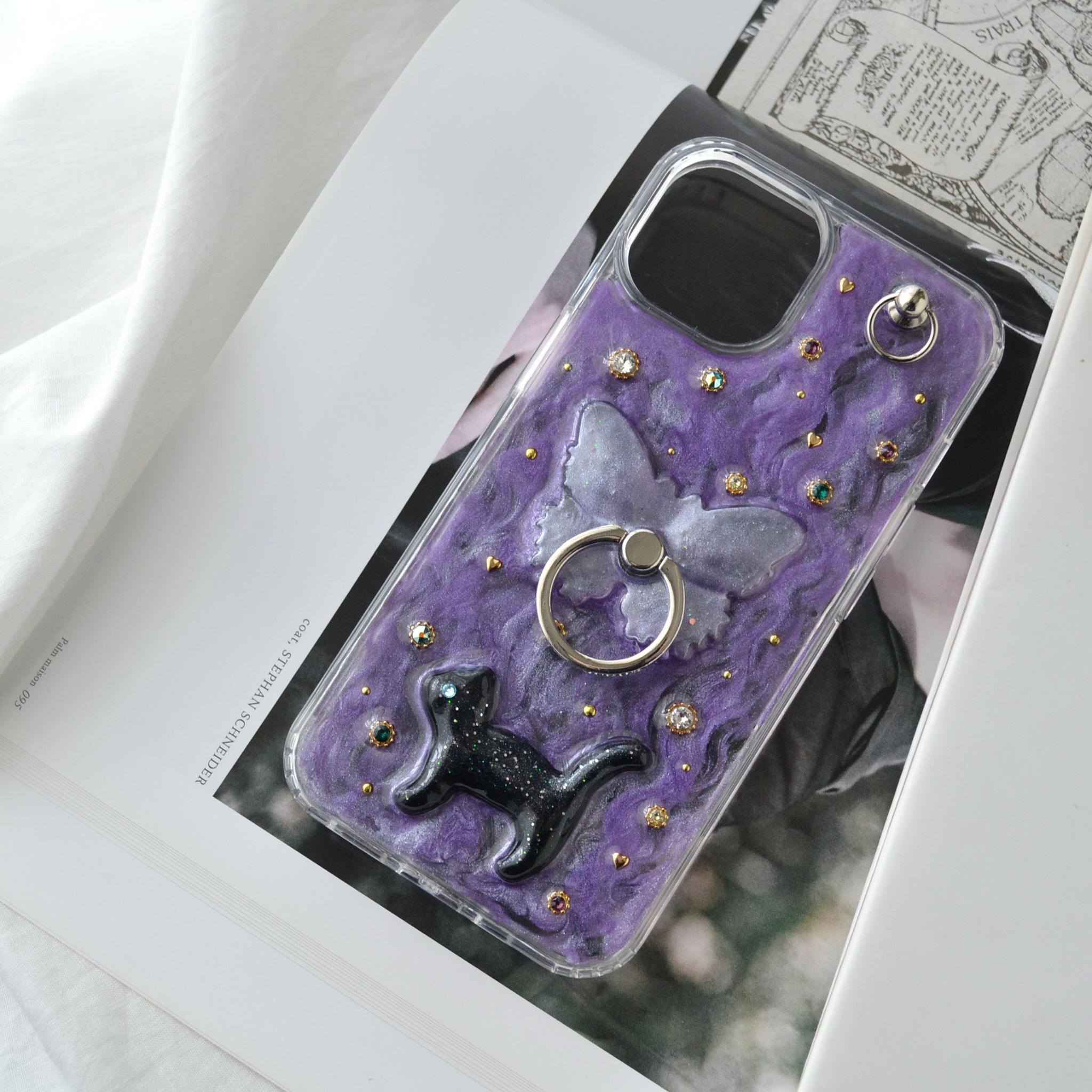 ジュエリーなスマホケース『蝶と猫』ヴァイオレット きらきらスマホリング・スタンド機能付 ソフト×ハード素材◎機種製作可能 | 11枚目