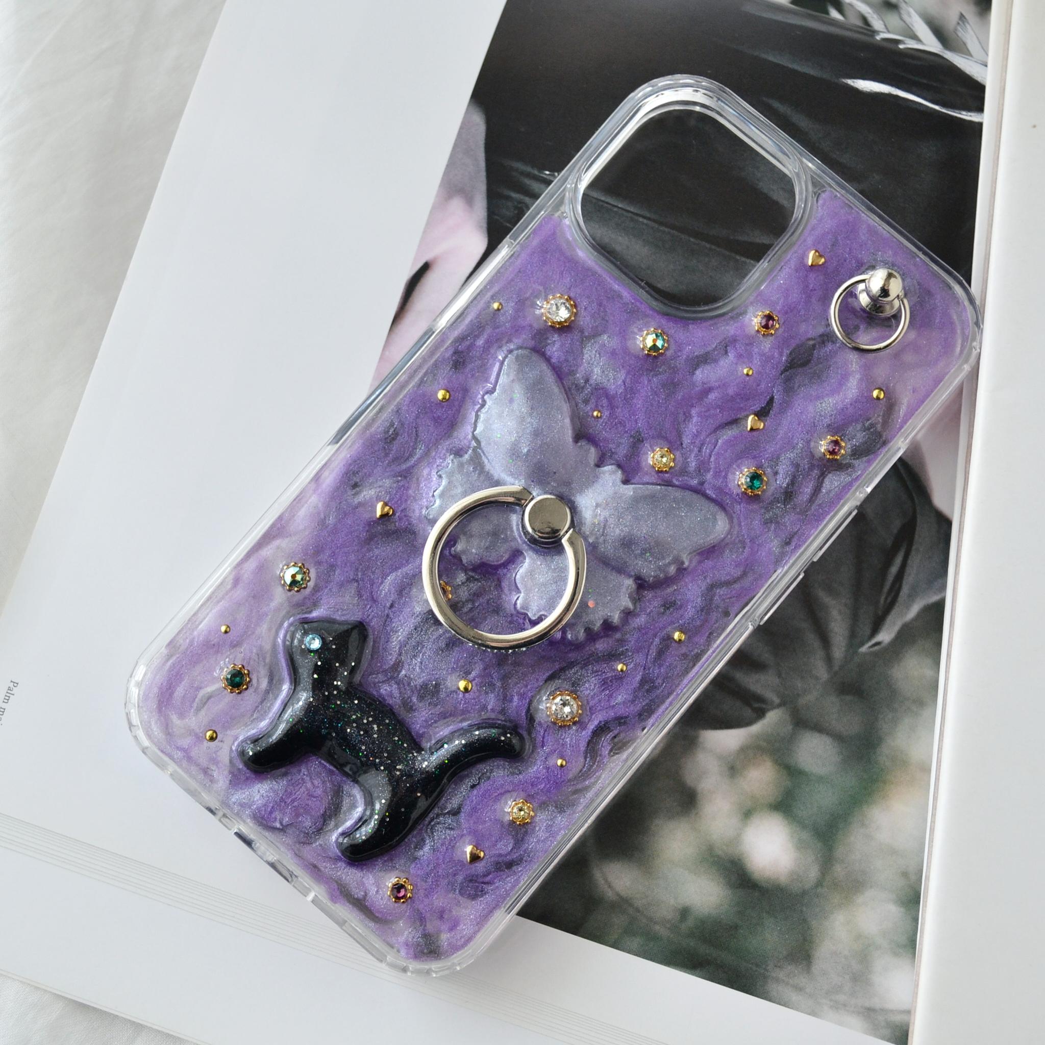 ジュエリーなスマホケース『蝶と猫』ヴァイオレット きらきらスマホリング・スタンド機能付 ソフト×ハード素材◎機種製作可能 | 12枚目