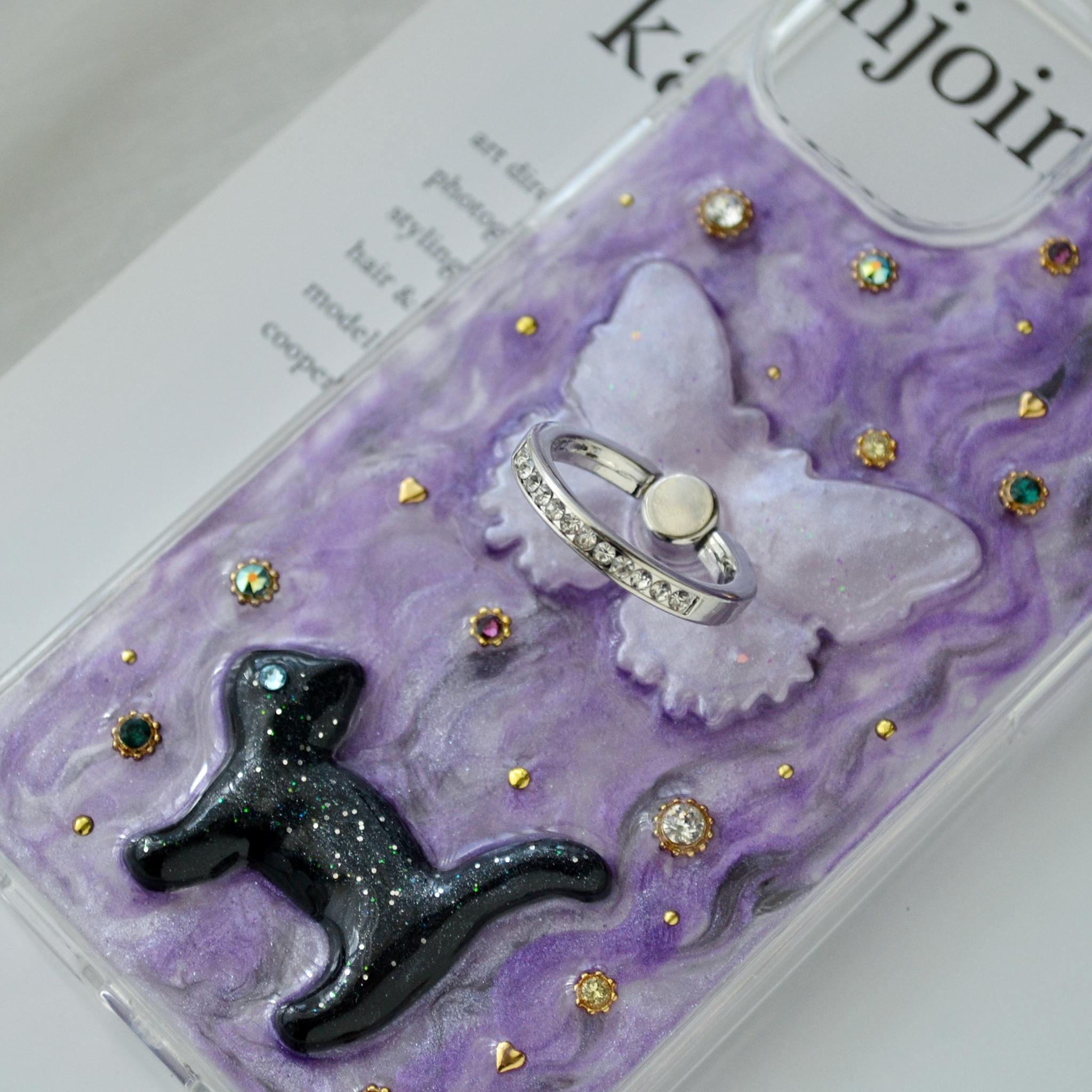 ジュエリーなスマホケース『蝶と猫』ヴァイオレット きらきらスマホリング・スタンド機能付 ソフト×ハード素材◎機種製作可能 | 2枚目