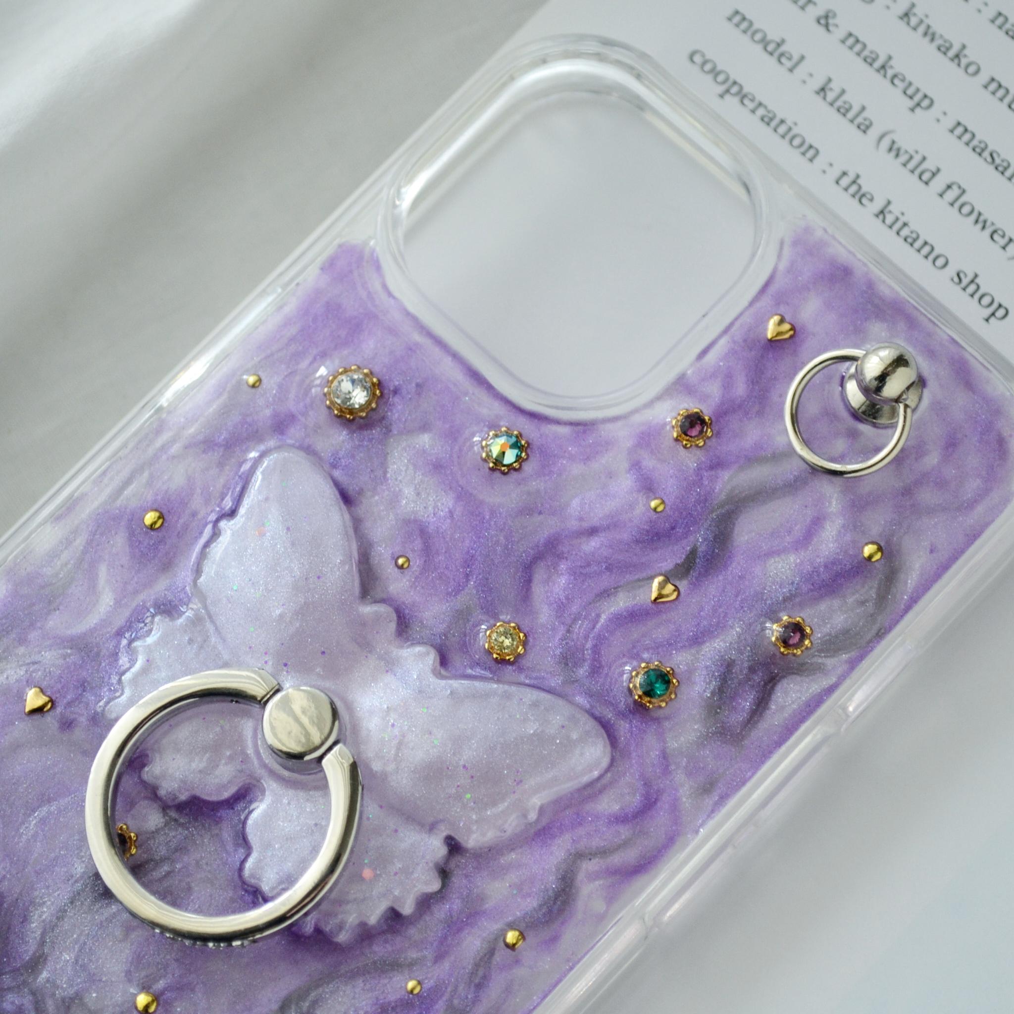 ジュエリーなスマホケース『蝶と猫』ヴァイオレット きらきらスマホリング・スタンド機能付 ソフト×ハード素材◎機種製作可能 | 4枚目