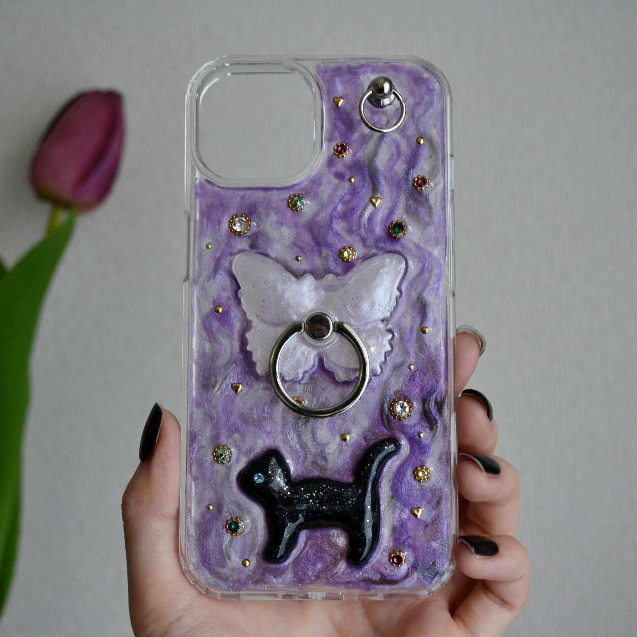 ジュエリーなスマホケース『蝶と猫』ヴァイオレット きらきらスマホリング・スタンド機能付 ソフト×ハード素材◎機種製作可能 | 5枚目