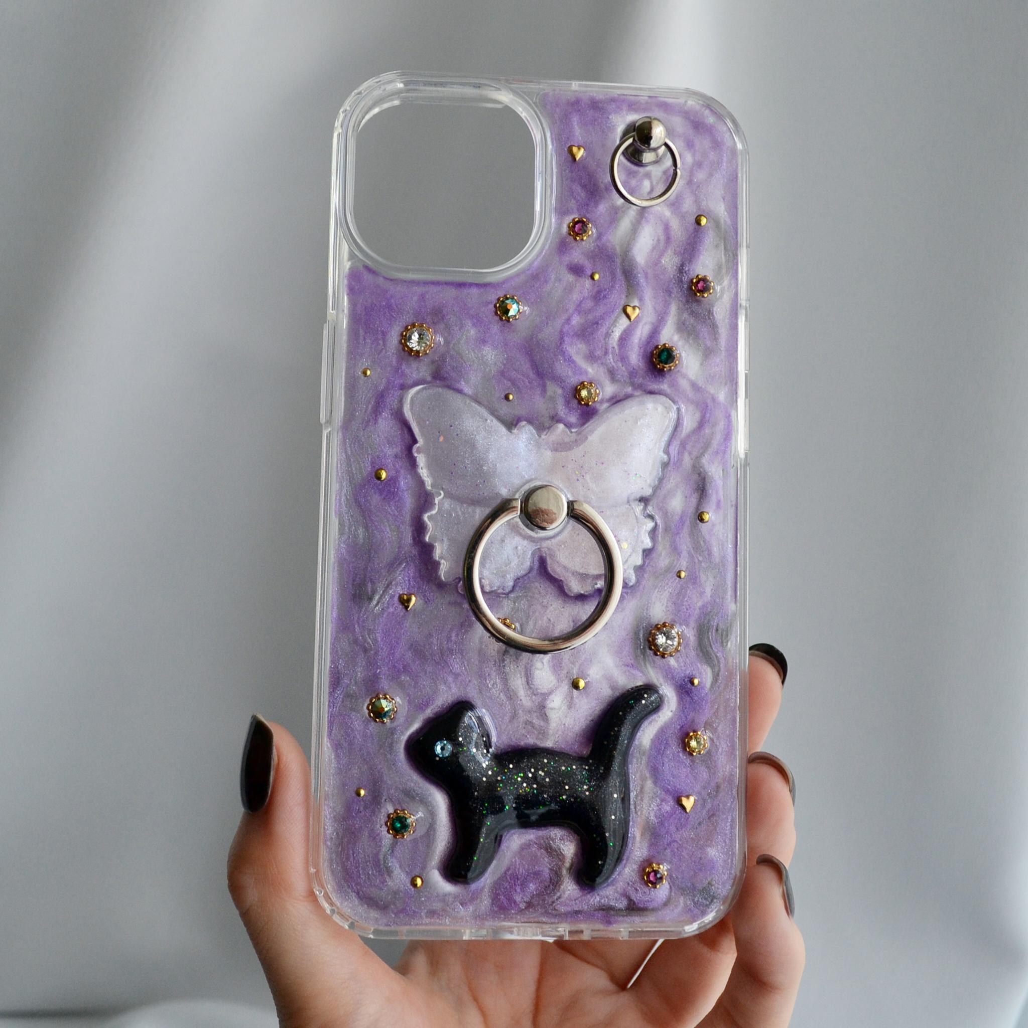 ジュエリーなスマホケース『蝶と猫』ヴァイオレット きらきらスマホリング・スタンド機能付 ソフト×ハード素材◎機種製作可能 | 6枚目