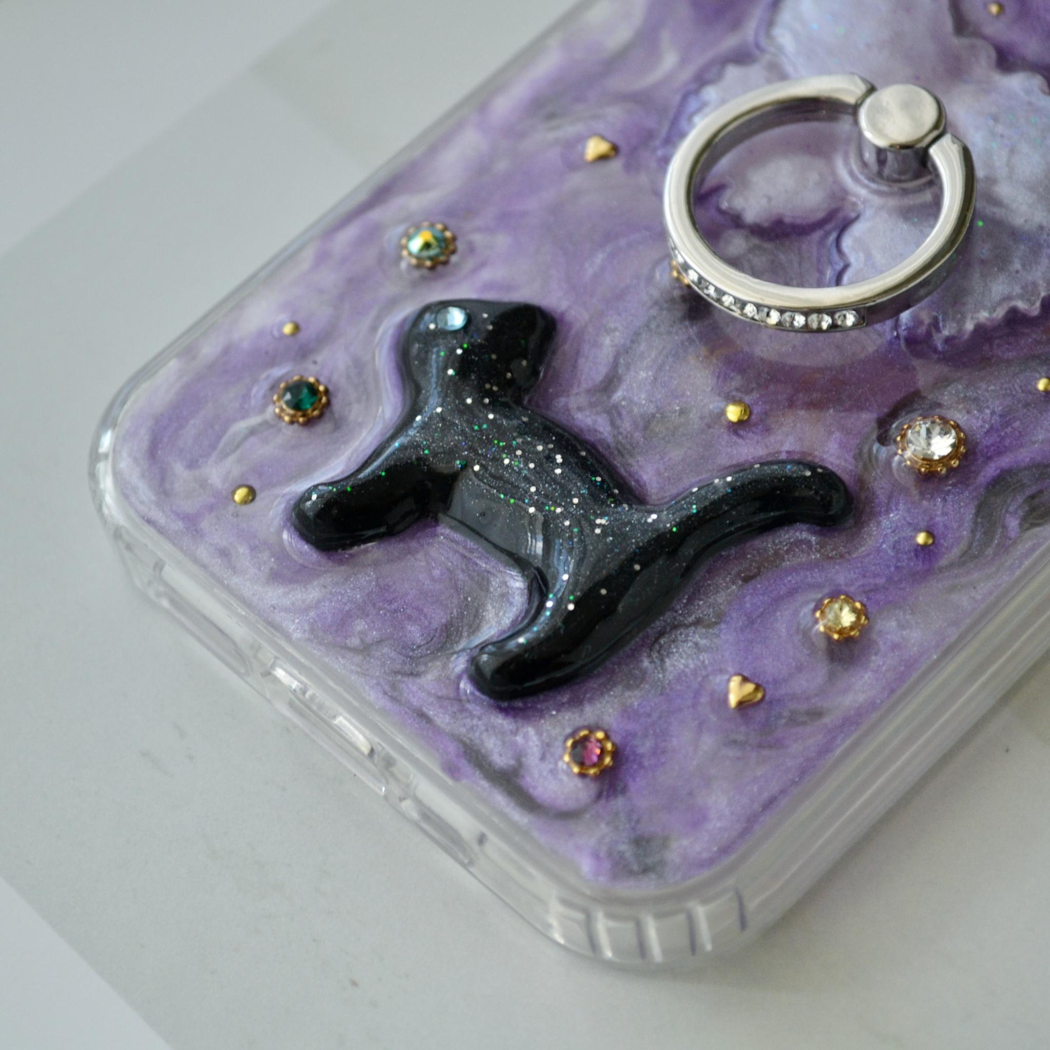 ジュエリーなスマホケース『蝶と猫』ヴァイオレット きらきらスマホリング・スタンド機能付 ソフト×ハード素材◎機種製作可能 | 7枚目