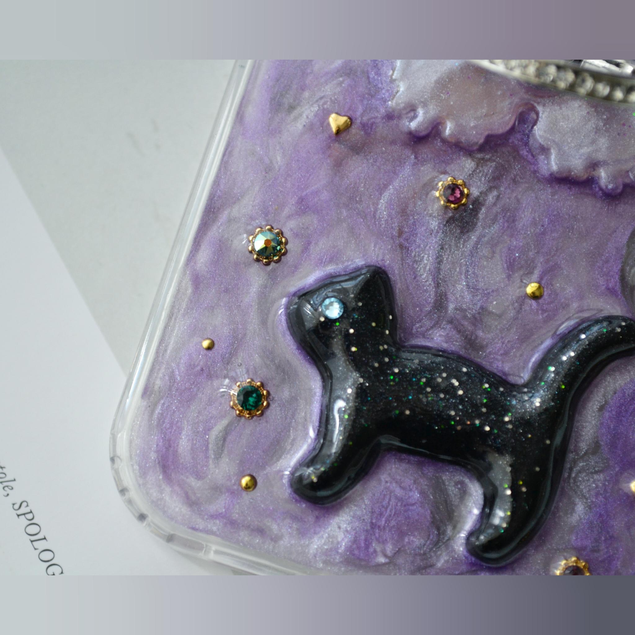 ジュエリーなスマホケース『蝶と猫』ヴァイオレット きらきらスマホリング・スタンド機能付 ソフト×ハード素材◎機種製作可能 | 8枚目