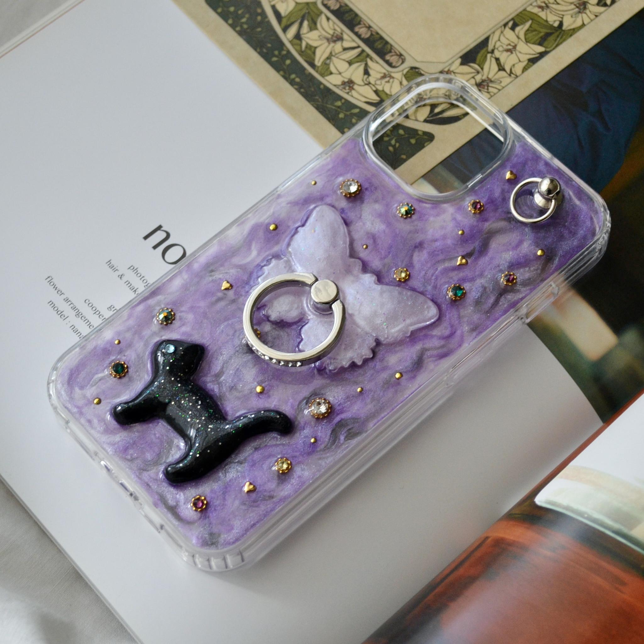 ジュエリーなスマホケース『蝶と猫』ヴァイオレット きらきらスマホリング・スタンド機能付 ソフト×ハード素材◎機種製作可能 | 9枚目