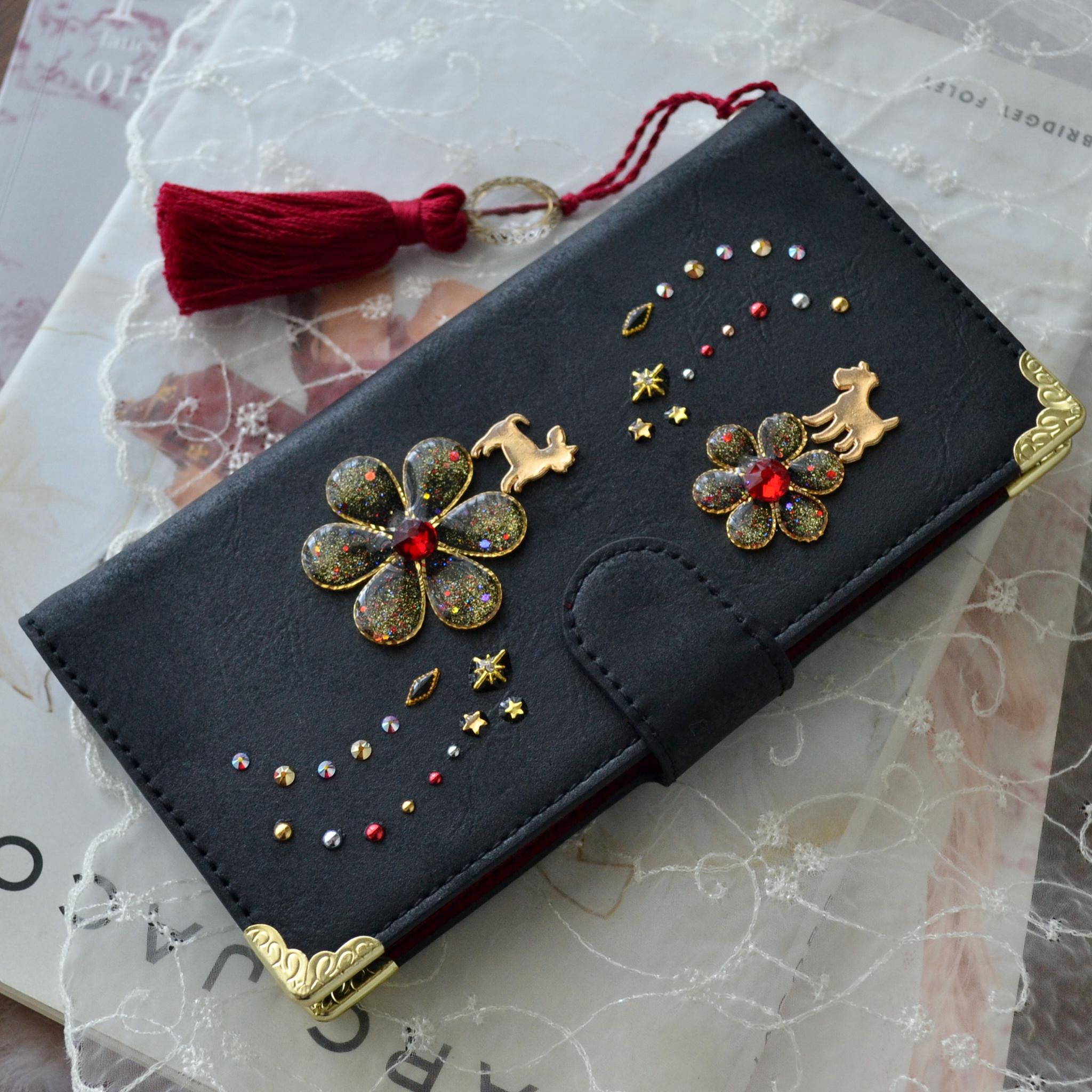 深い赤と漆黒の手帳型スマホケース『犬と花のiro』‐vivid and dark‐ special ほぼ全機種対応