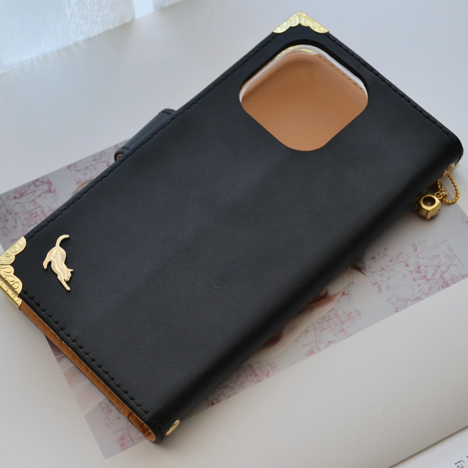 手帳型スマホケース『猫と月のロマンティック』満天の星　赤のしずくver 黒　本革　全機種注文可能 | 4枚目