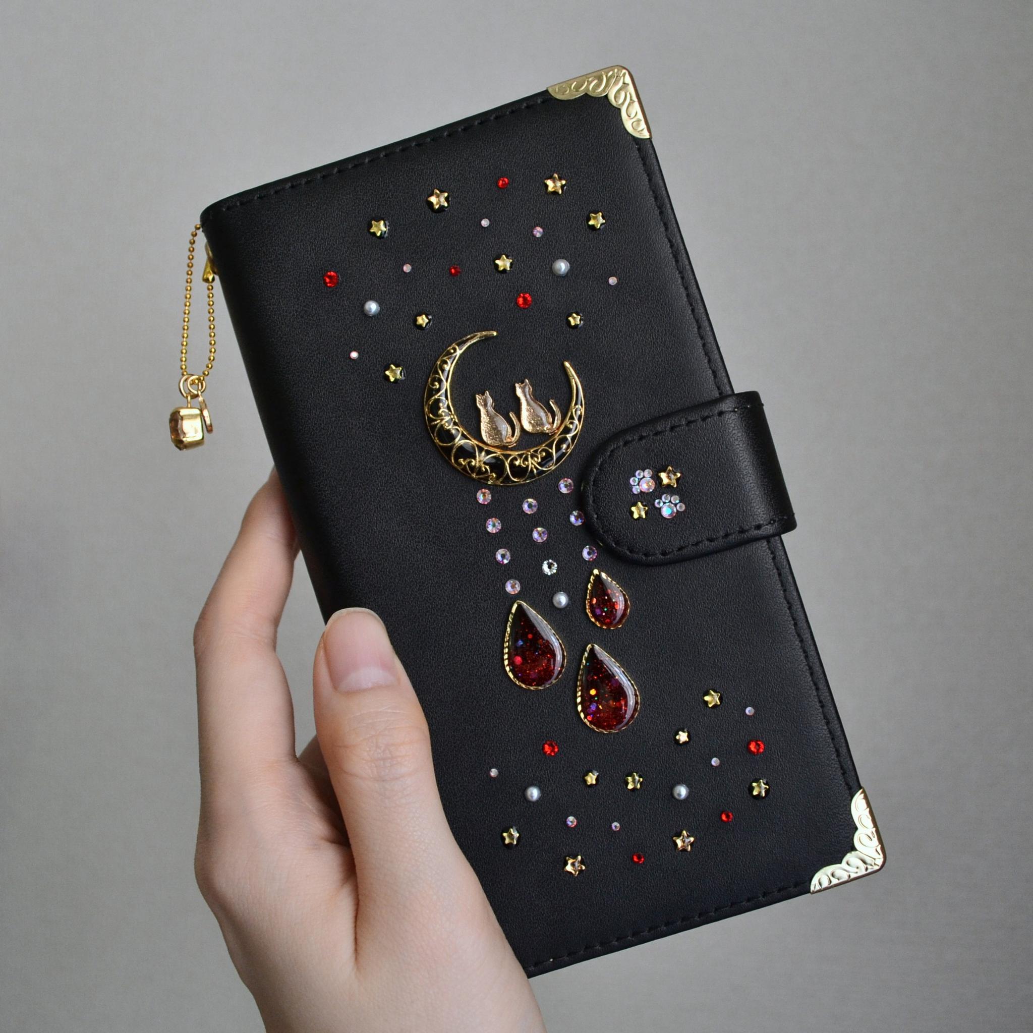 手帳型スマホケース『猫と月のロマンティック』満天の星　赤のしずくver 黒　本革　全機種注文可能 | 6枚目