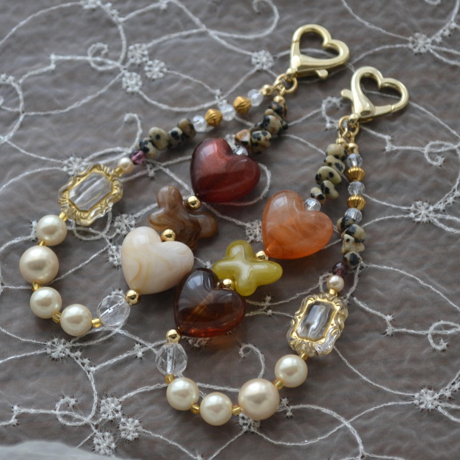 ぷっくりハートやパールのミニスマホストラップ　マーブルオレンジ×べっ甲×レッドブラウン | 2枚目