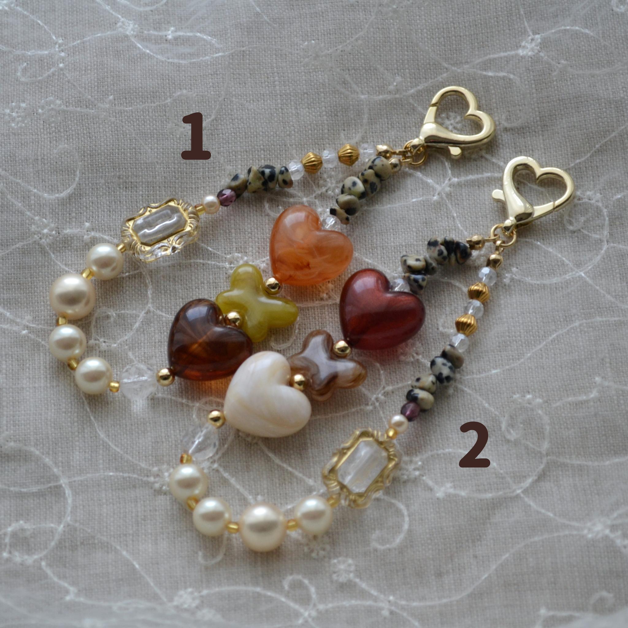 ぷっくりハートやパールのミニスマホストラップ　マーブルオレンジ×べっ甲×レッドブラウン | 4枚目