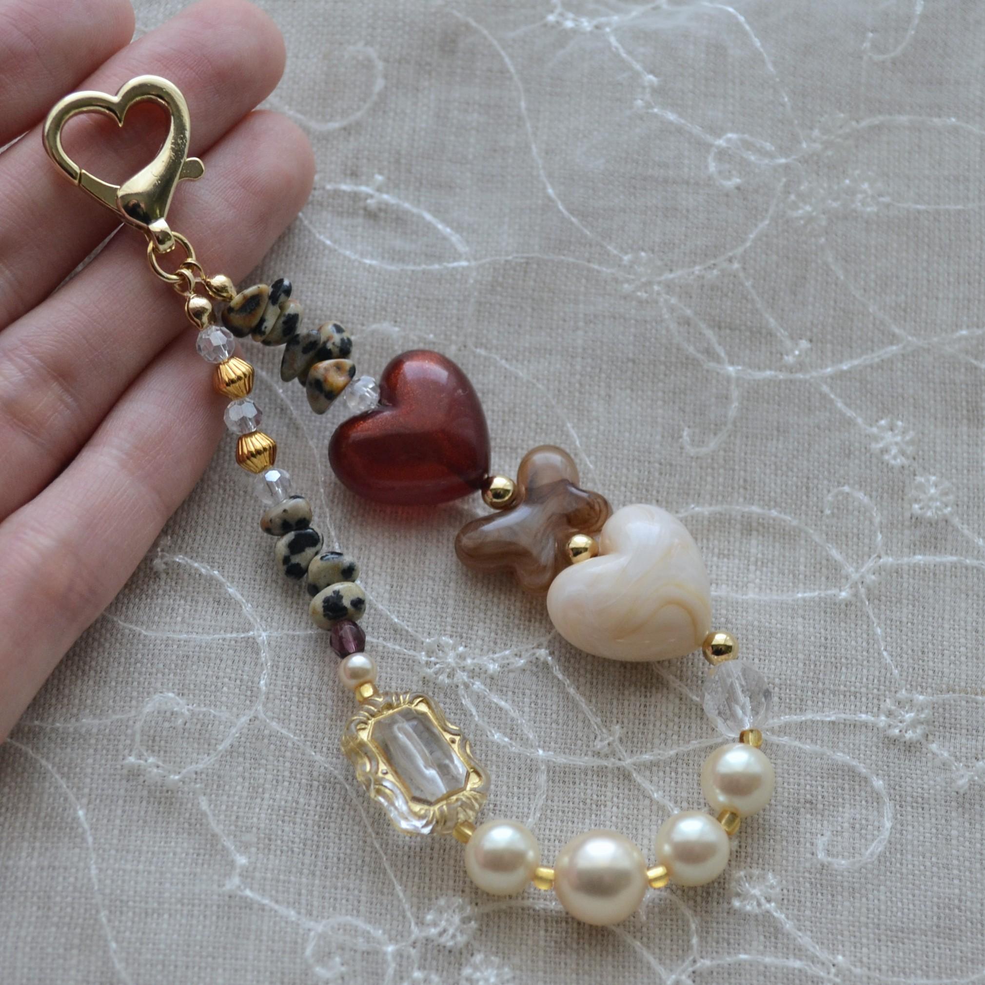 ぷっくりハートやパールのミニスマホストラップ　マーブルオレンジ×べっ甲×レッドブラウン | 6枚目