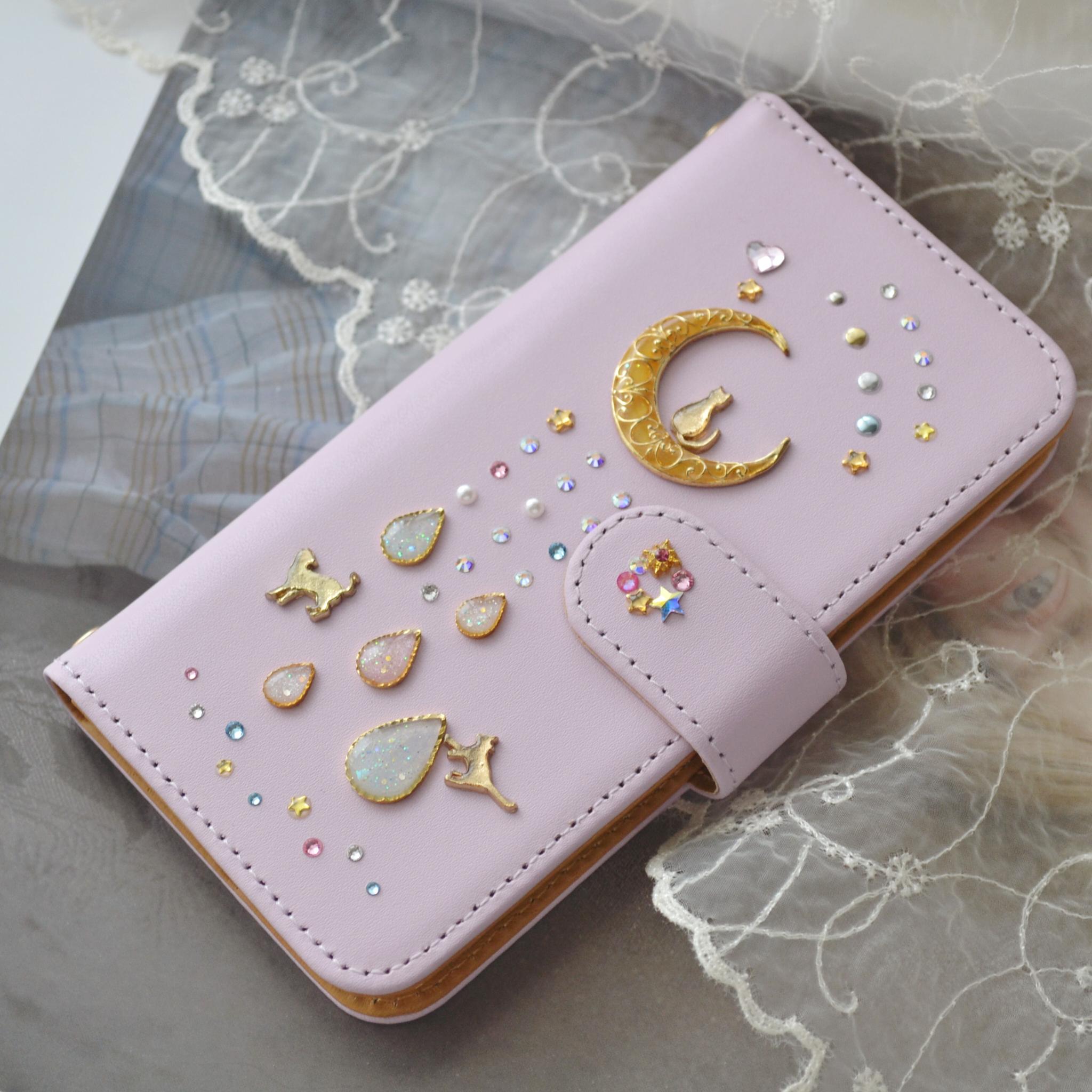 パステル×ピンクパープルの手帳型スマホケース『猫と月のロマンティック』オーロラのしずく 全機種注文ok　本革使用