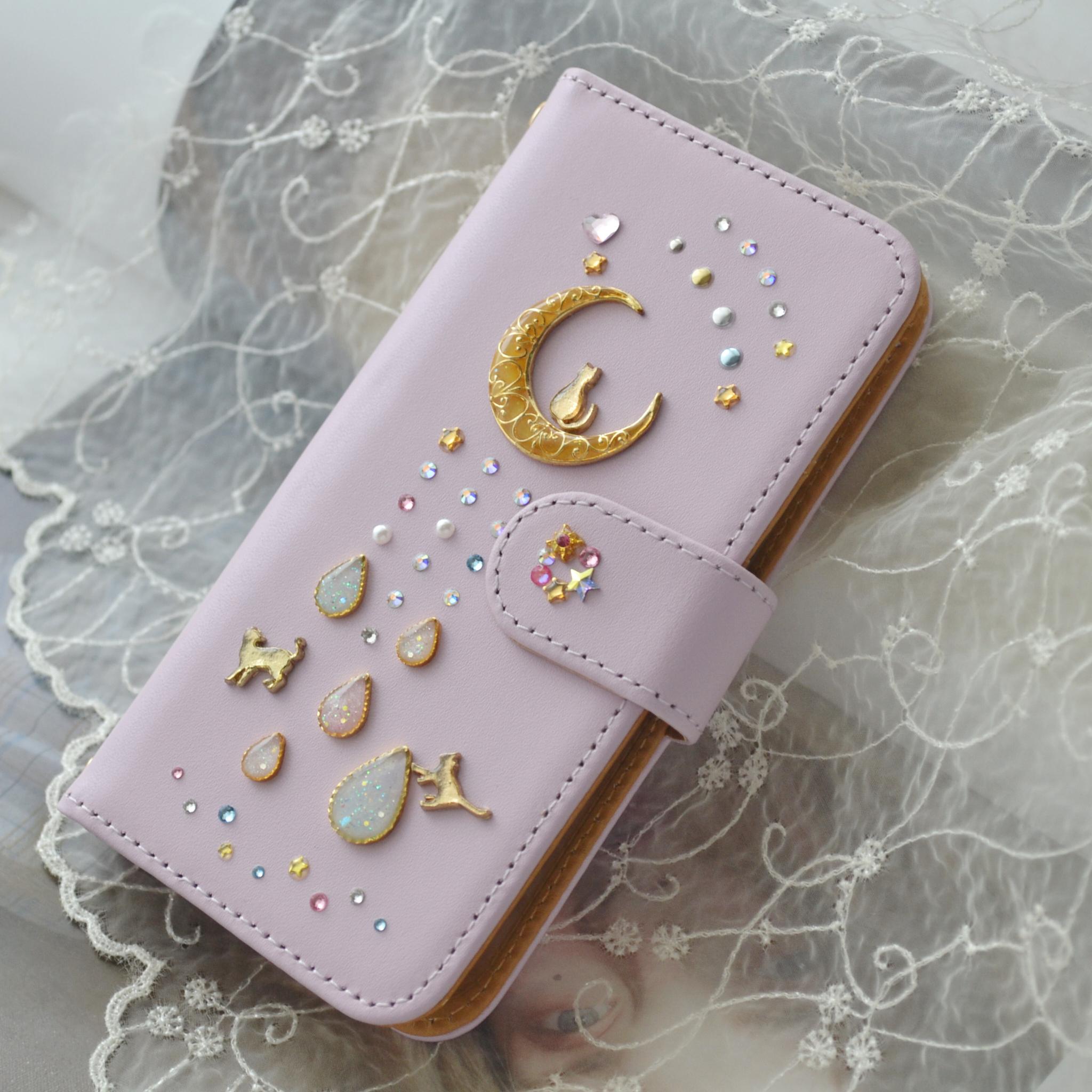 パステル×ピンクパープルの手帳型スマホケース『猫と月のロマンティック』オーロラのしずく 全機種注文ok　本革使用 | 2枚目