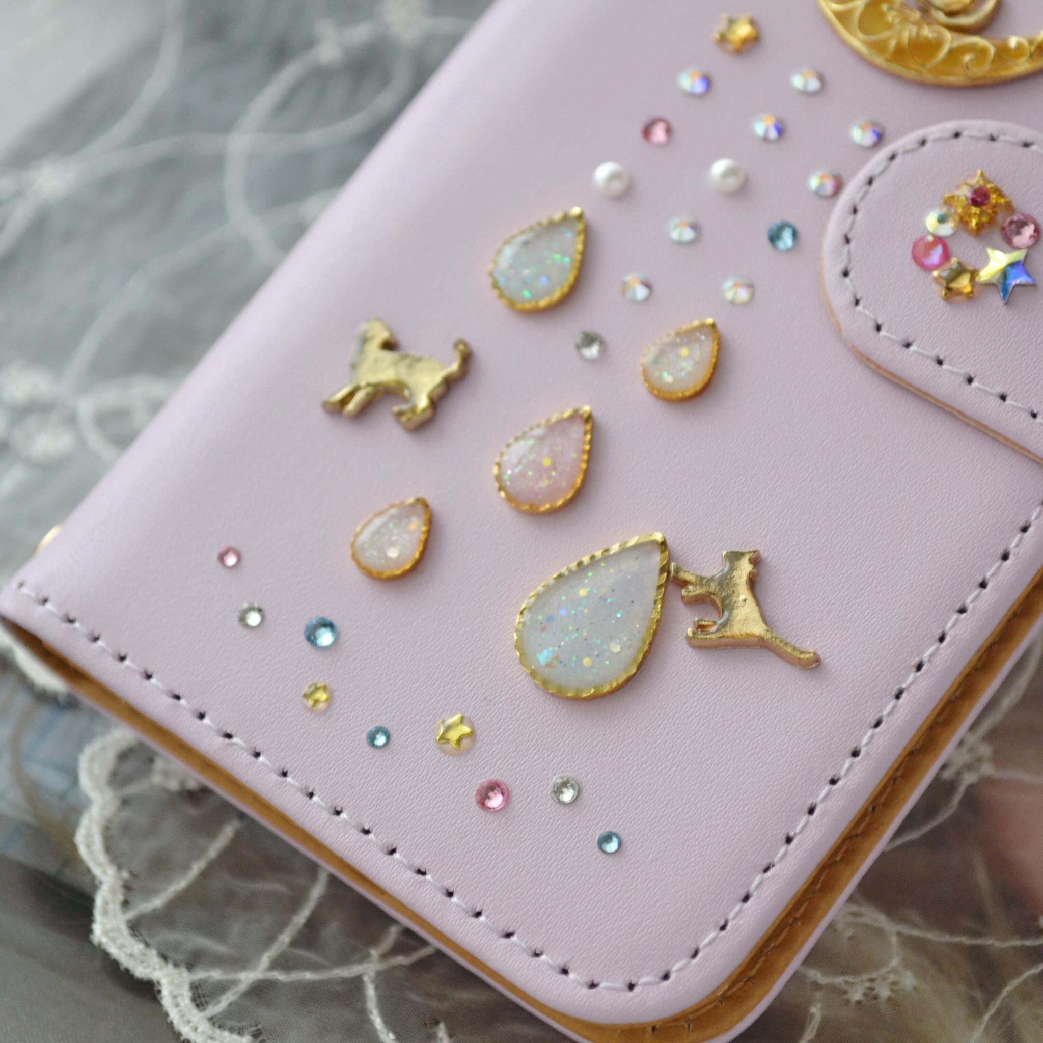 パステル×ピンクパープルの手帳型スマホケース『猫と月のロマンティック』オーロラのしずく 全機種注文ok　本革使用 | 3枚目