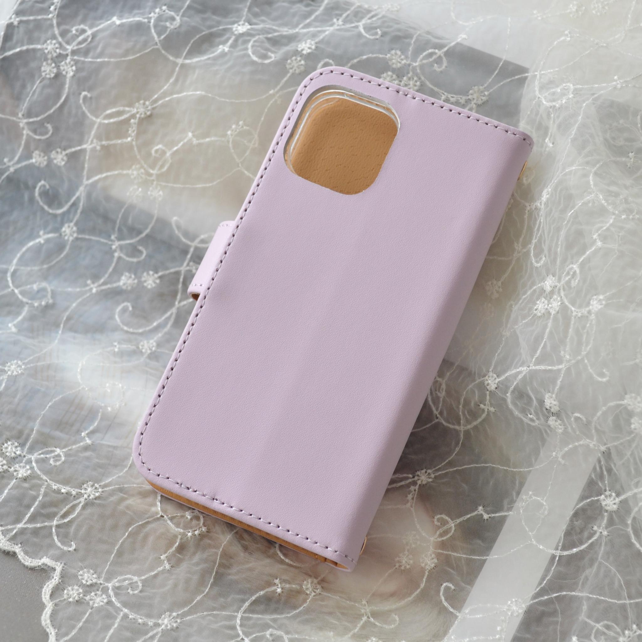 パステル×ピンクパープルの手帳型スマホケース『猫と月のロマンティック』オーロラのしずく 全機種注文ok　本革使用 | 4枚目