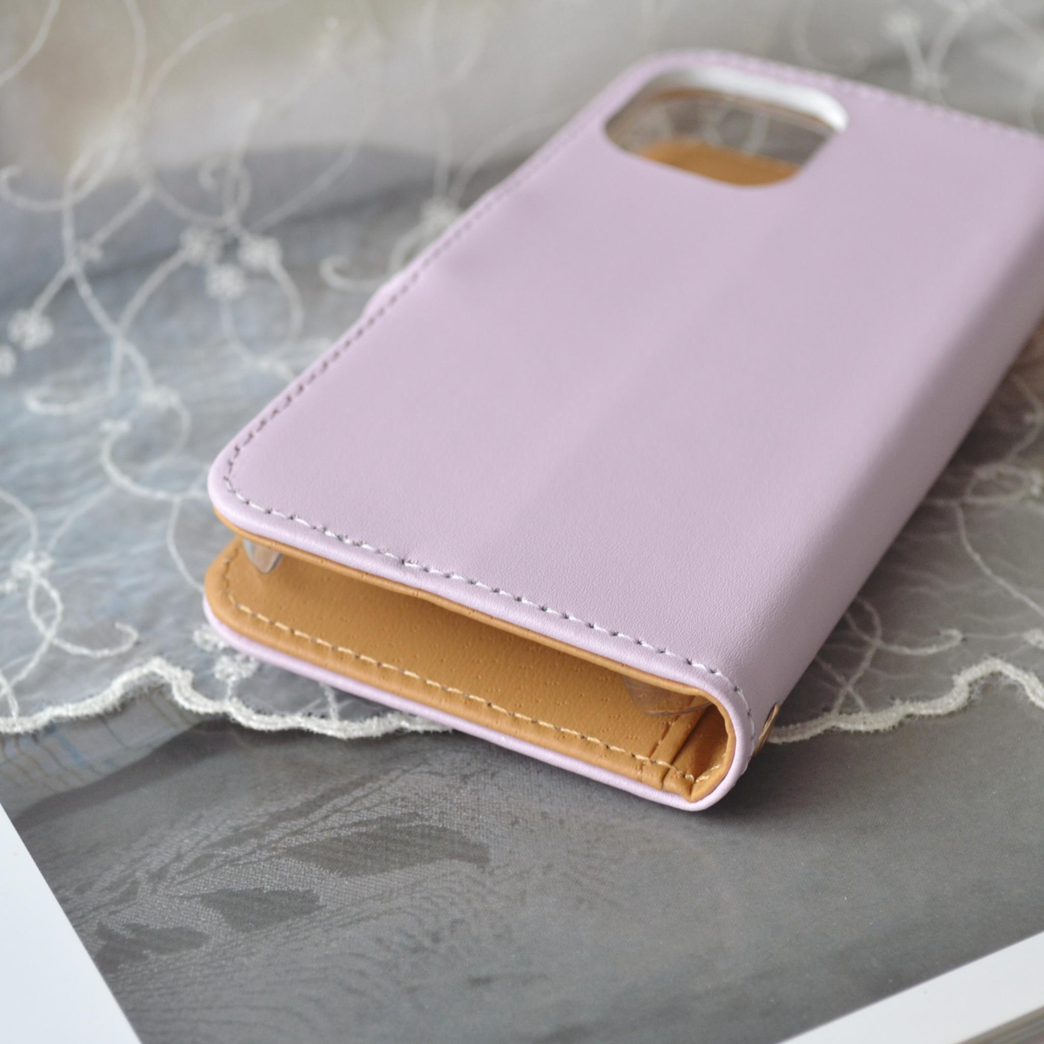 パステル×ピンクパープルの手帳型スマホケース『猫と月のロマンティック』オーロラのしずく 全機種注文ok　本革使用 | 5枚目