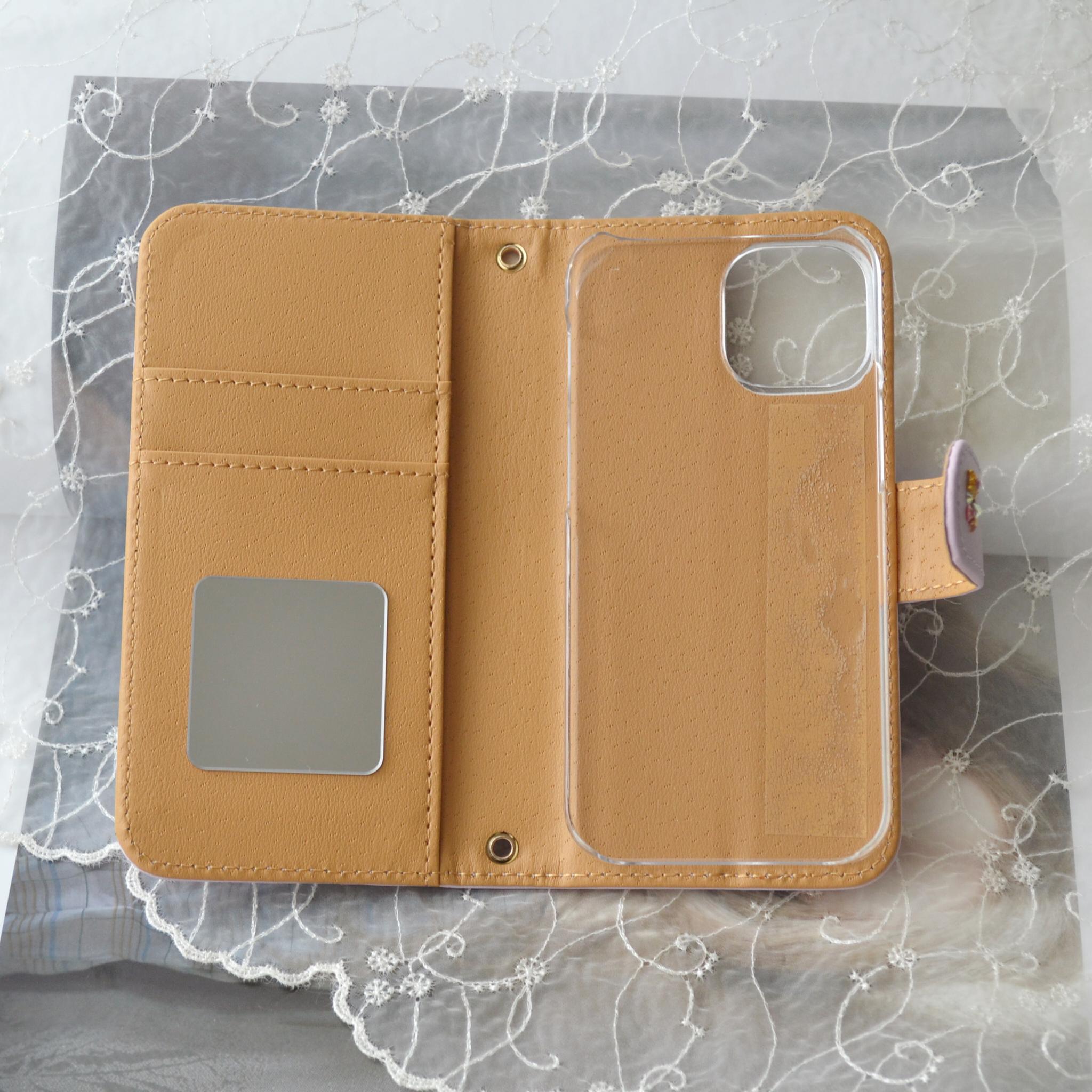 パステル×ピンクパープルの手帳型スマホケース『猫と月のロマンティック』オーロラのしずく 全機種注文ok　本革使用 | 6枚目