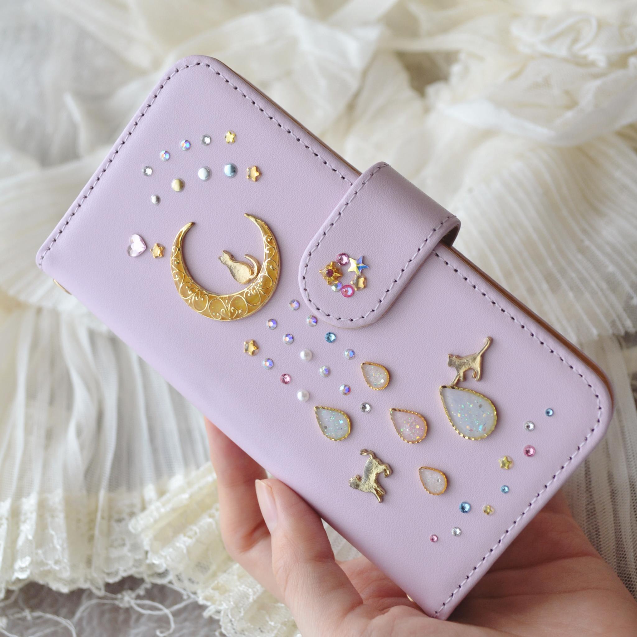 パステル×ピンクパープルの手帳型スマホケース『猫と月のロマンティック』オーロラのしずく 全機種注文ok　本革使用 | 9枚目