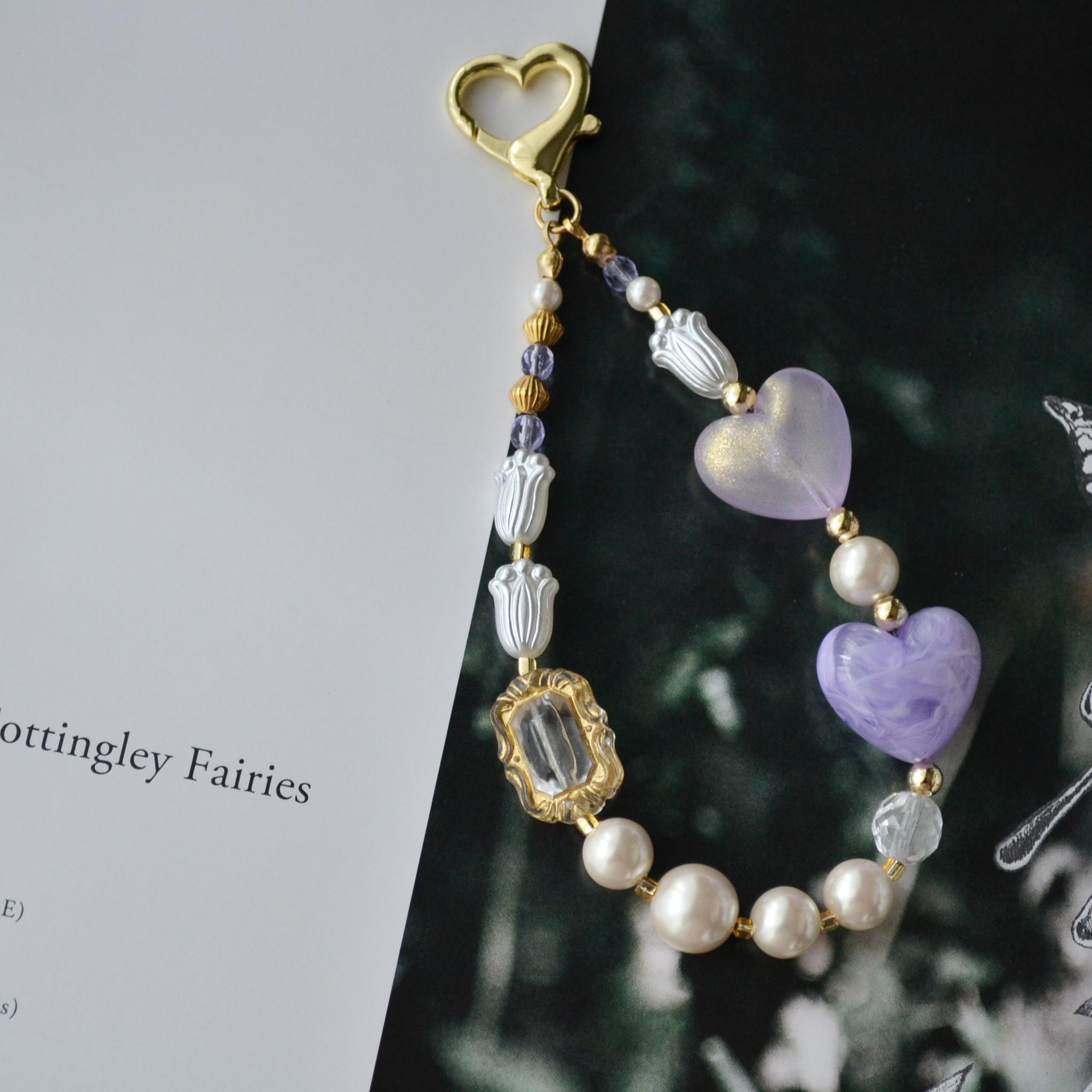 ぷっくりハートやパールのミニハンドストラップ ＆ スマホストラップ　ライラック×シャンパン紫 耐久性UP！