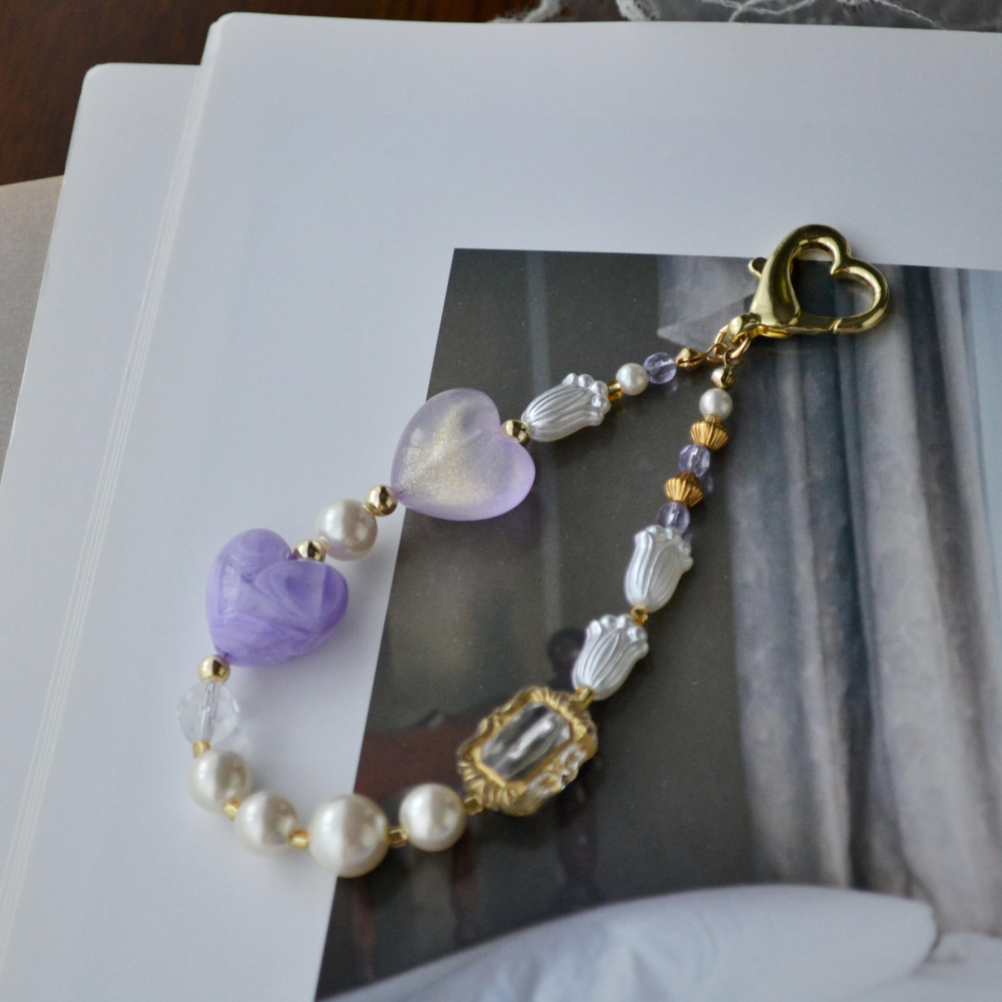 ぷっくりハートやパールのミニハンドストラップ ＆ スマホストラップ　ライラック×シャンパン紫 耐久性UP！ | 2枚目