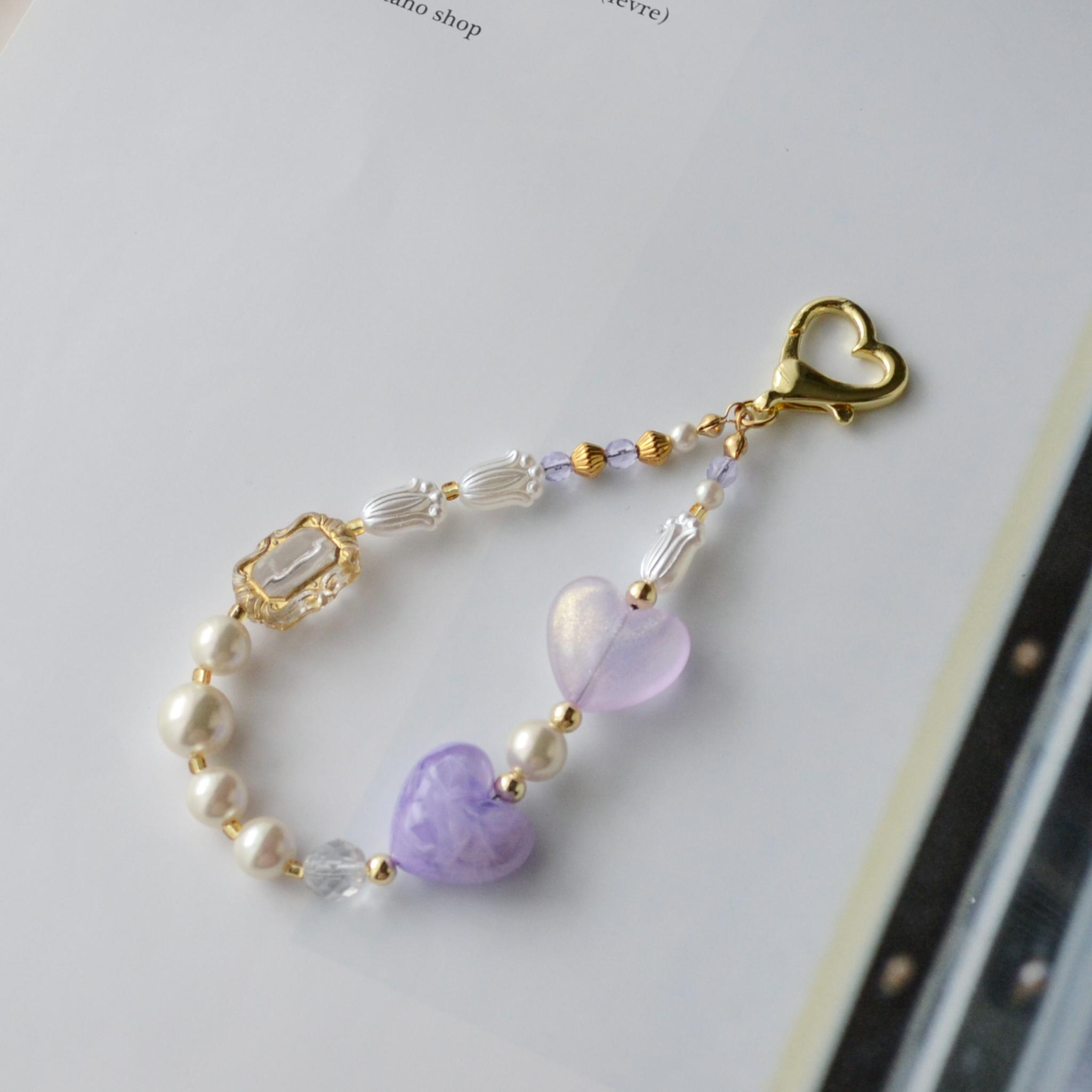 ぷっくりハートやパールのミニハンドストラップ ＆ スマホストラップ　ライラック×シャンパン紫 耐久性UP！ | 3枚目