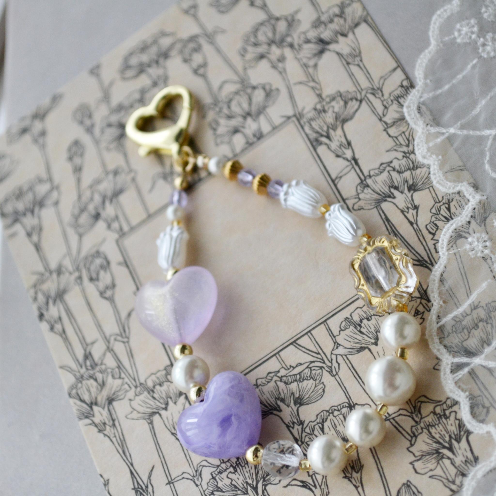 ぷっくりハートやパールのミニハンドストラップ ＆ スマホストラップ　ライラック×シャンパン紫 耐久性UP！ | 4枚目