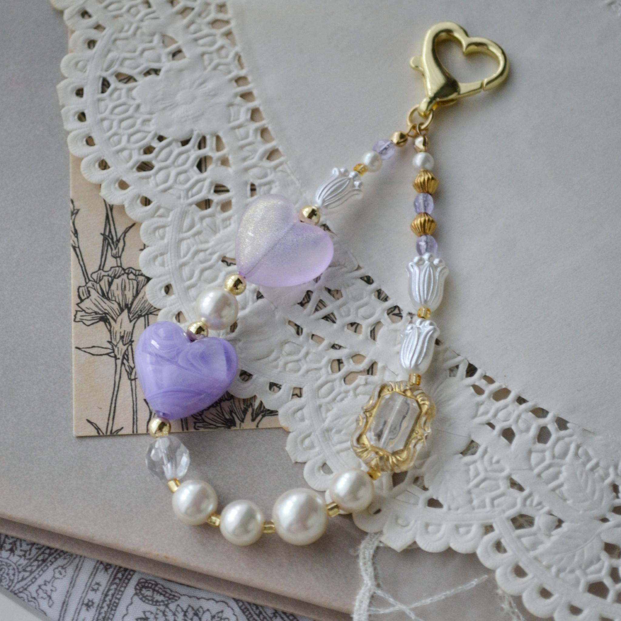 ぷっくりハートやパールのミニハンドストラップ ＆ スマホストラップ　ライラック×シャンパン紫 耐久性UP！ | 5枚目