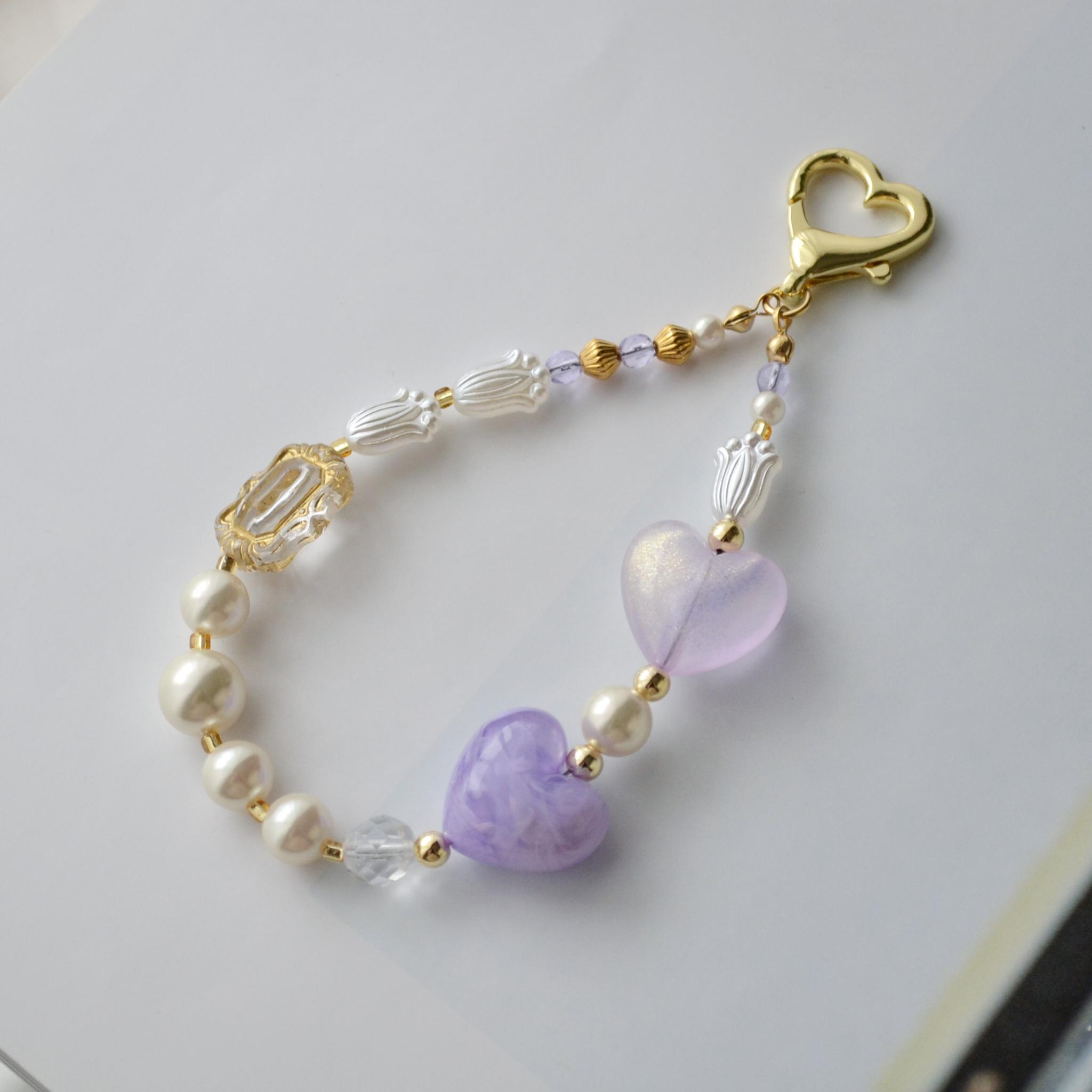 ぷっくりハートやパールのミニハンドストラップ ＆ スマホストラップ　ライラック×シャンパン紫 耐久性UP！ | 7枚目