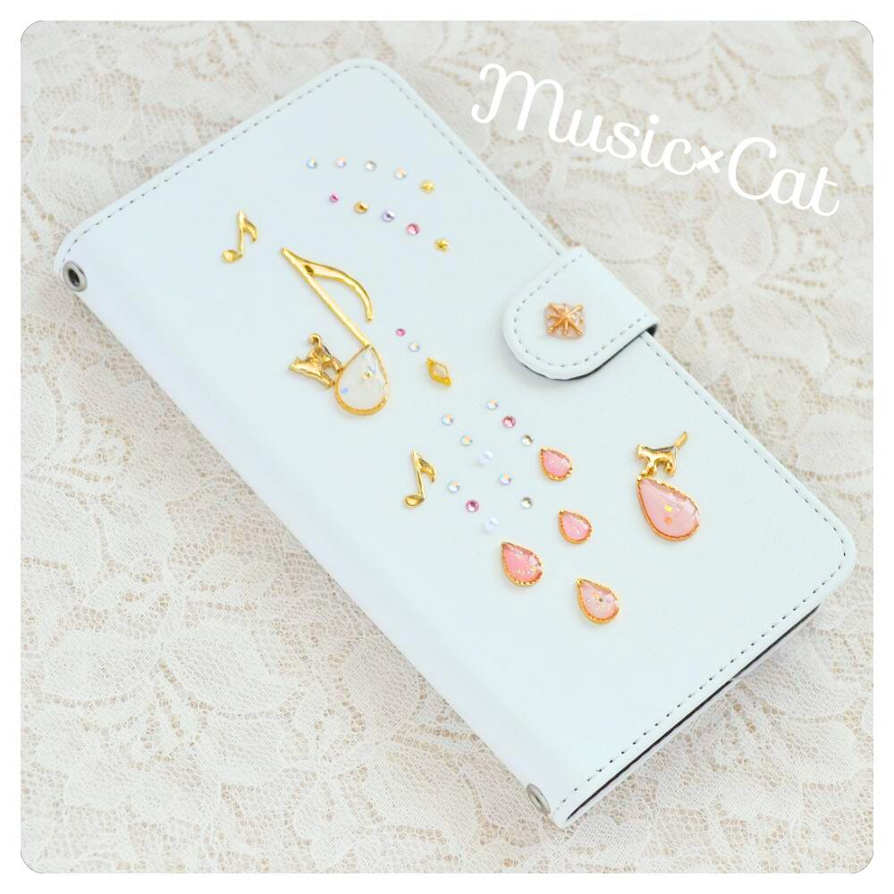 手帳型→ベージュケースへ変更『音楽と猫』音符と猫が楽しく遊ぶ！全機種可能