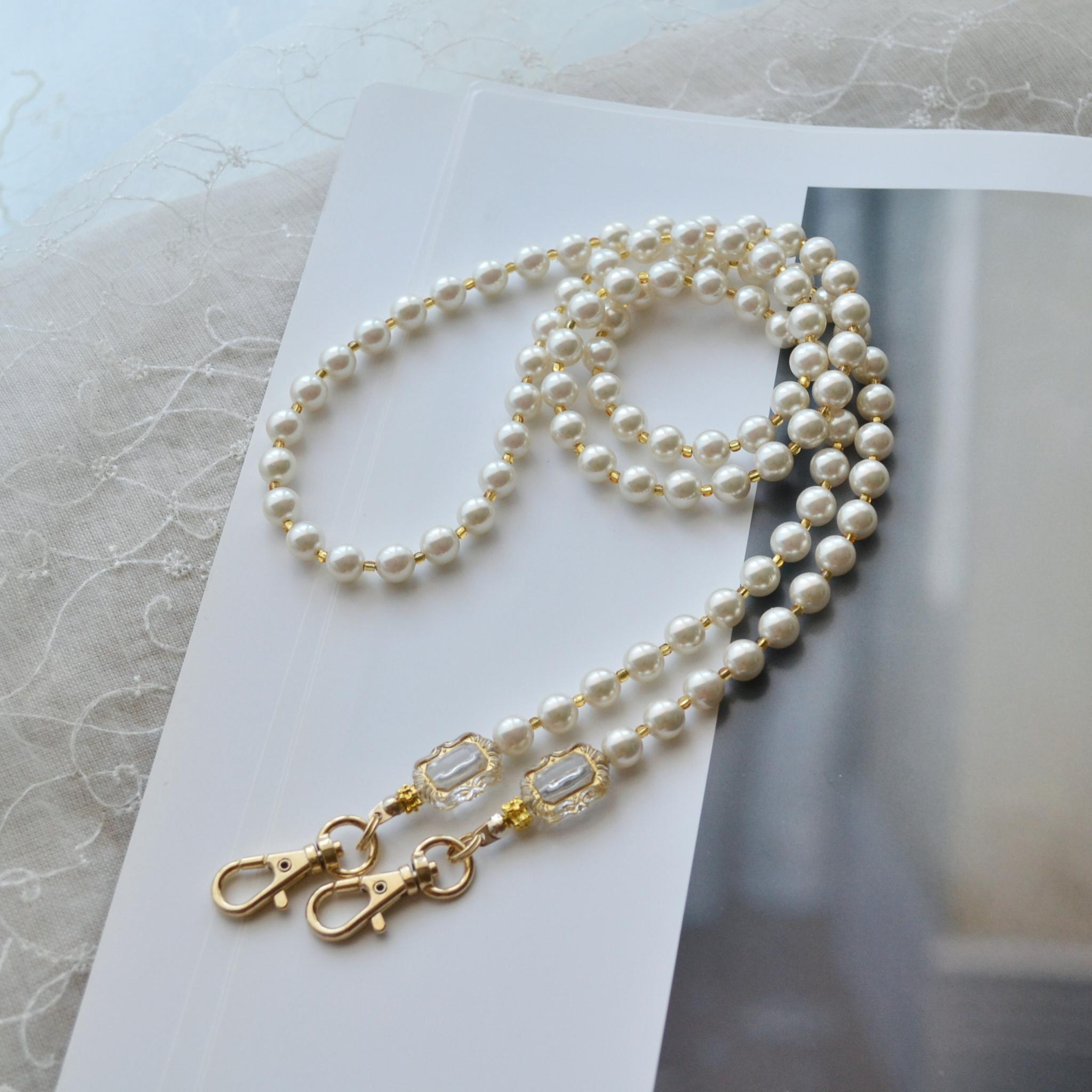 短め全長90cmパールストラップの肩掛け（ショルダー）ジュエリー感覚で身につけて！切れにくいワイヤー使用で耐久性UP◎