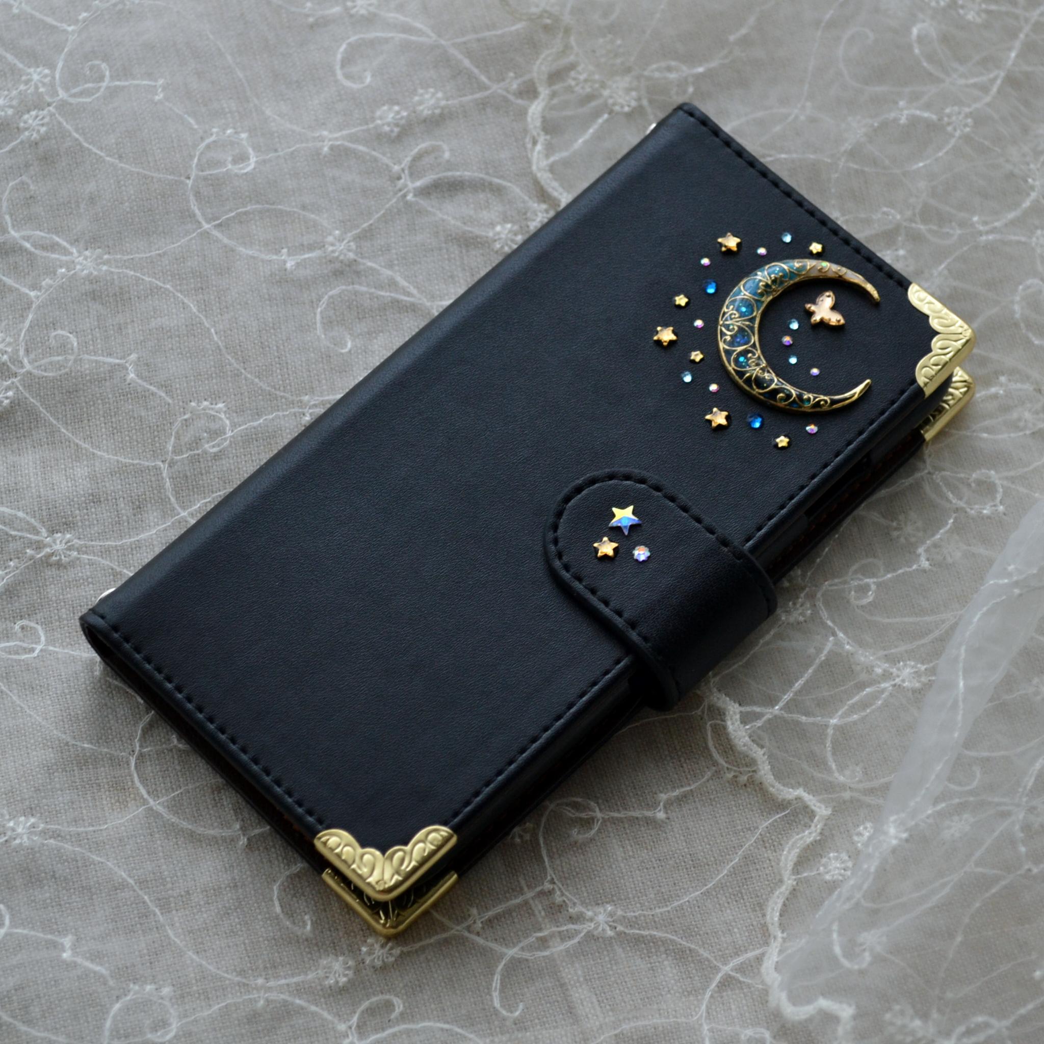 傷が目立ちにくい！手帳型スマホケース『蝶と青い月』スタンド機能付 全機種注文可能